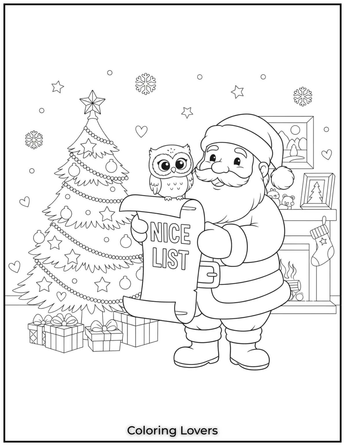 Santa holds his Nice List with an adorable owl perched by his side. A magical scene perfect for Santa coloring pages creativity..