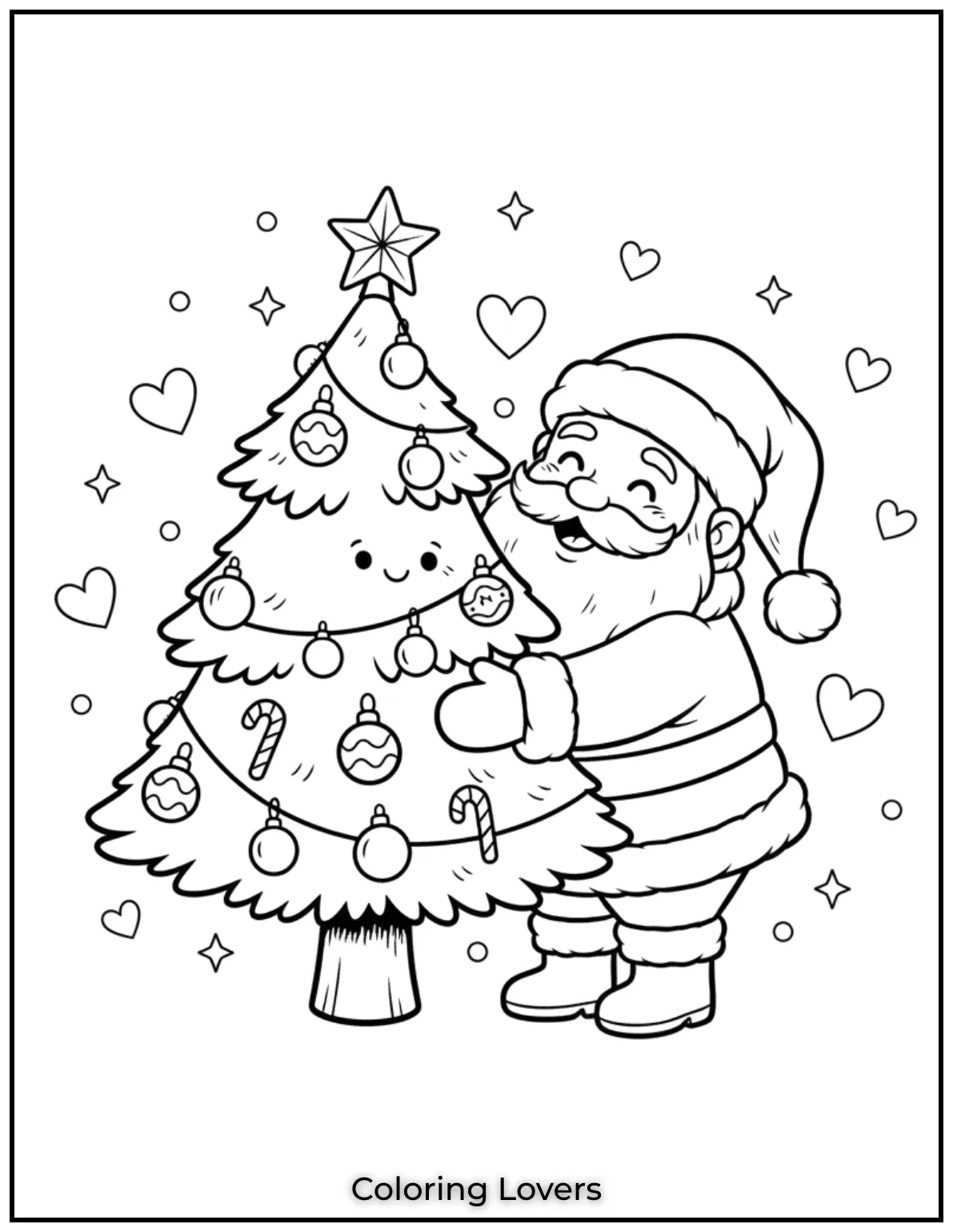 Santa hugging a cute Christmas tree filled with ornaments and surrounded by stars. A warm and fun coloring sheet for little hands.