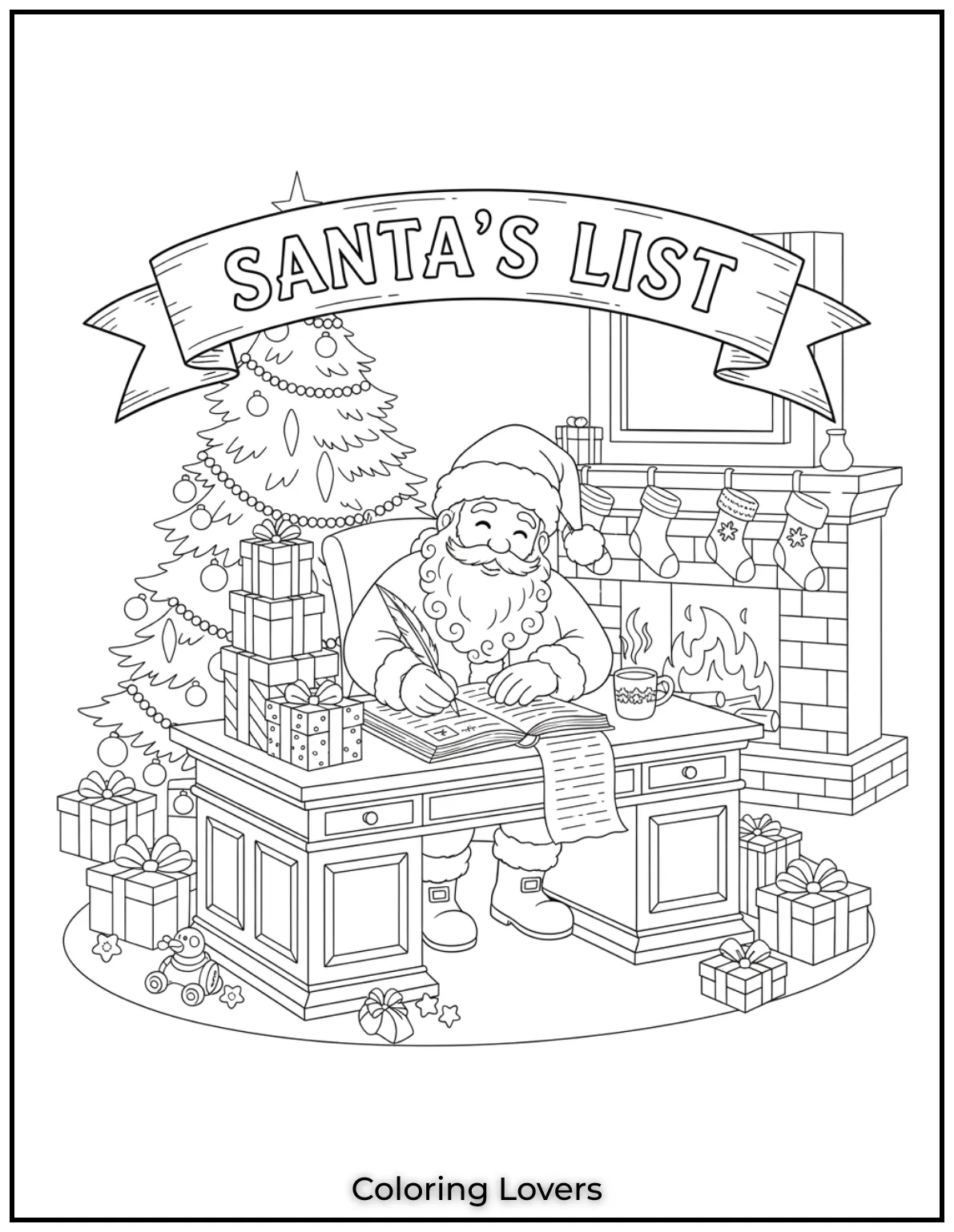 Santa is busy writing his list, making sure every child gets their gifts. A cozy scene to color and enjoy.