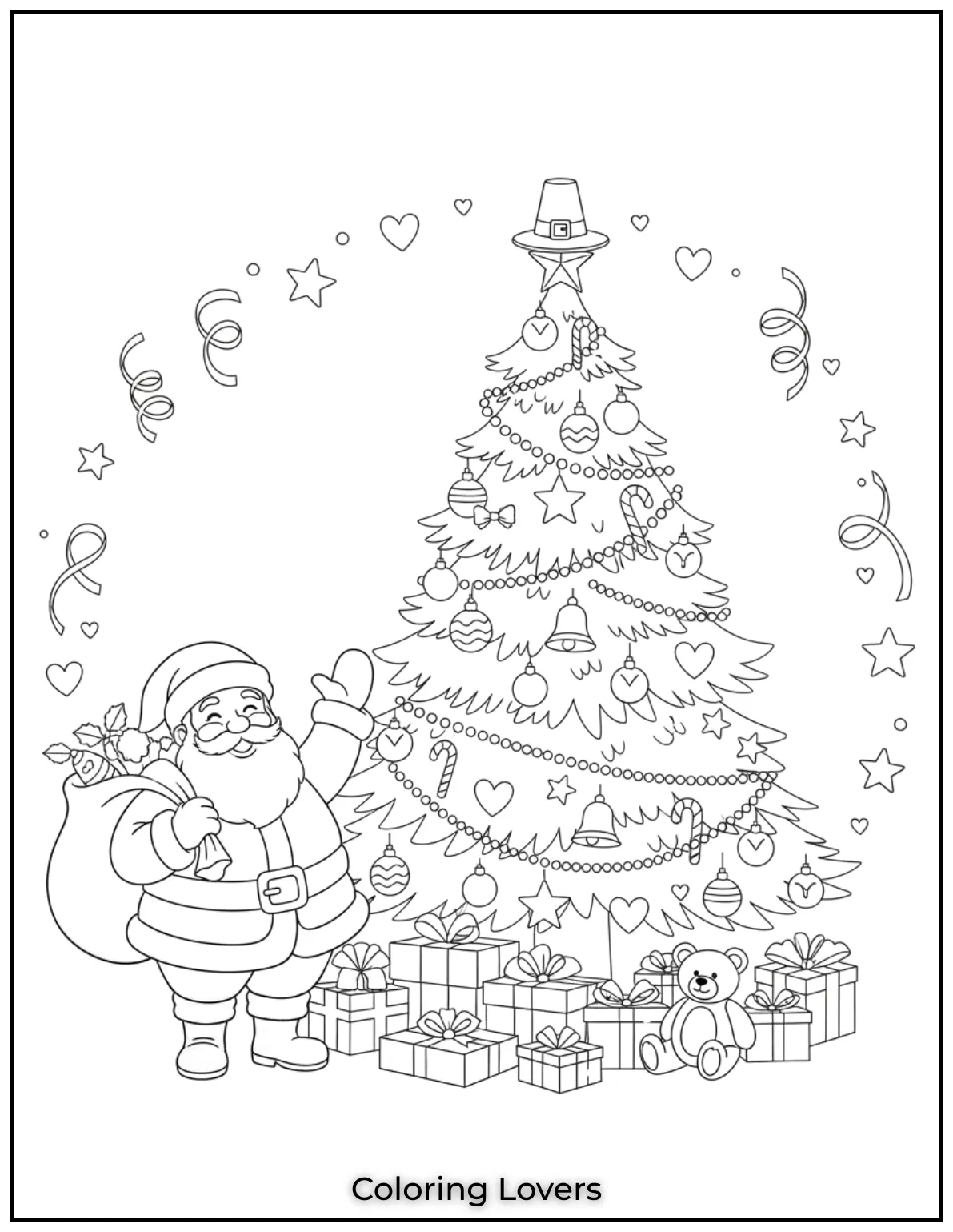 Free Printable Christmas Tree Coloring Pages 13 Santa is here to spread holiday cheer in this festive Christmas tree coloring page 1