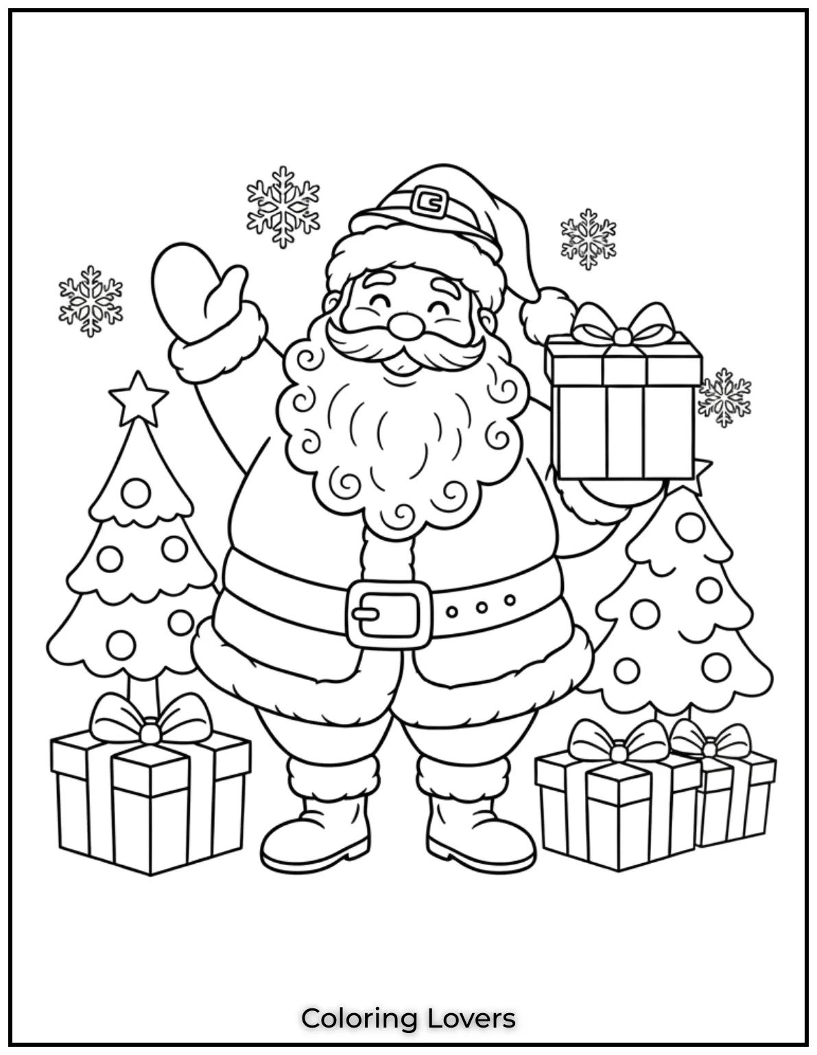 Santa is holding a beautifully wrapped gift, just waiting to be delivered. A sweet holiday coloring sheet for kids.