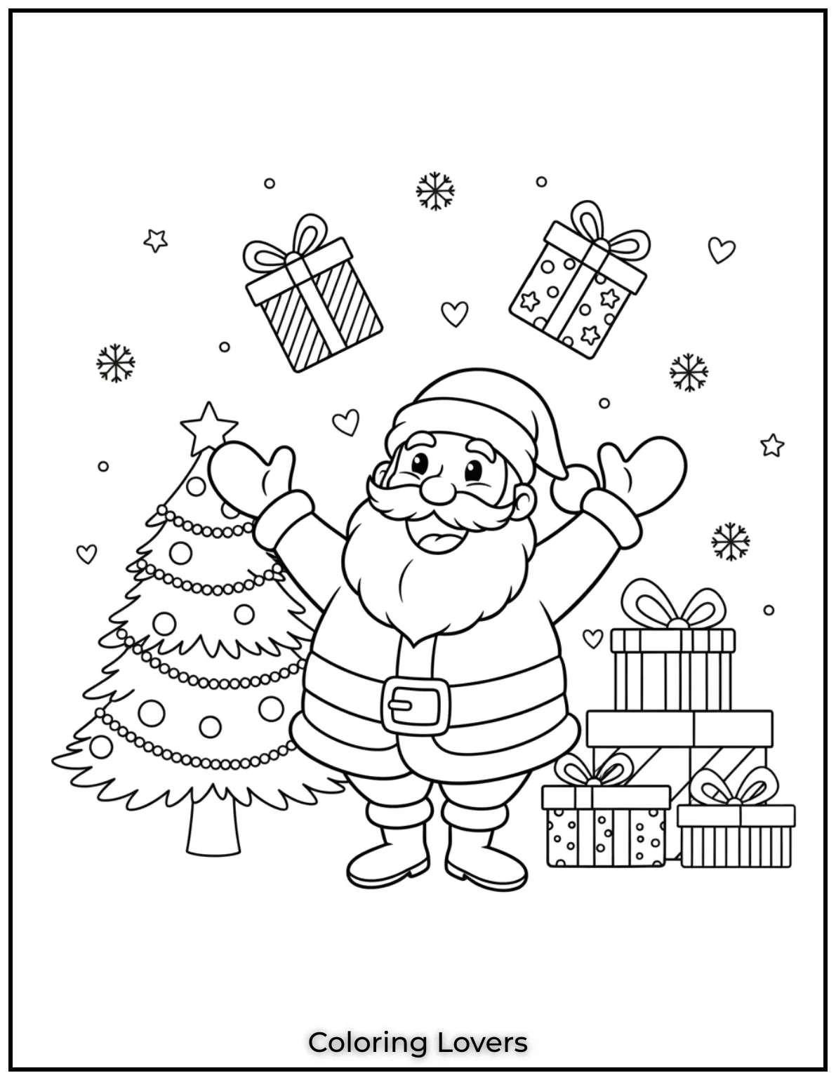 Santa juggles three festive presents in the air, showing his playful side. A fun way for kids to enjoy holiday creativity while coloring.