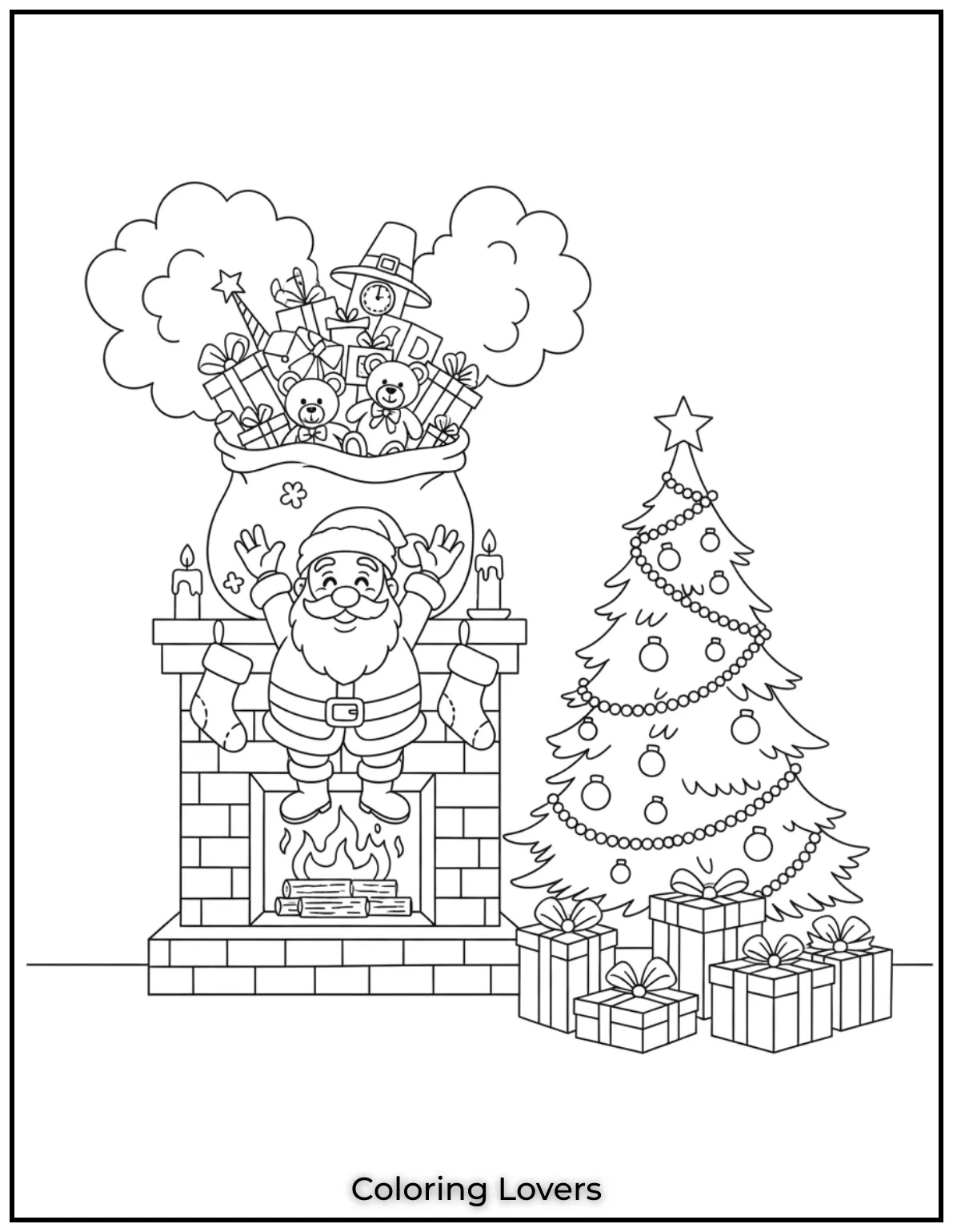 Santa playfully gets stuck in a chimney, adding laughter to this magical Christmas adventure. Perfect for Santa Claus coloring pages fun. 🙂