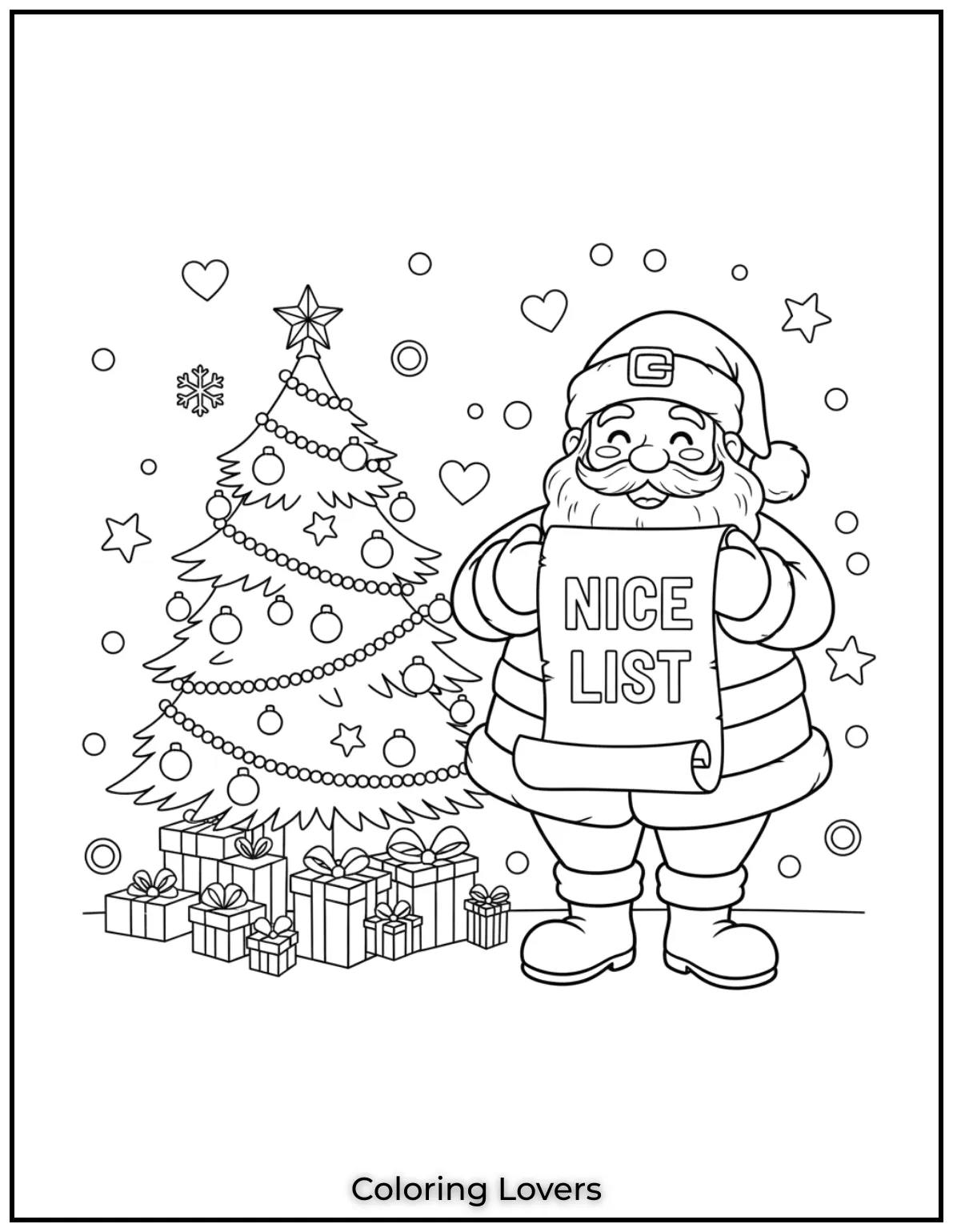 Santa proudly displays his “Nice List,” reminding us to stay kind. A heartwarming design to color and share.