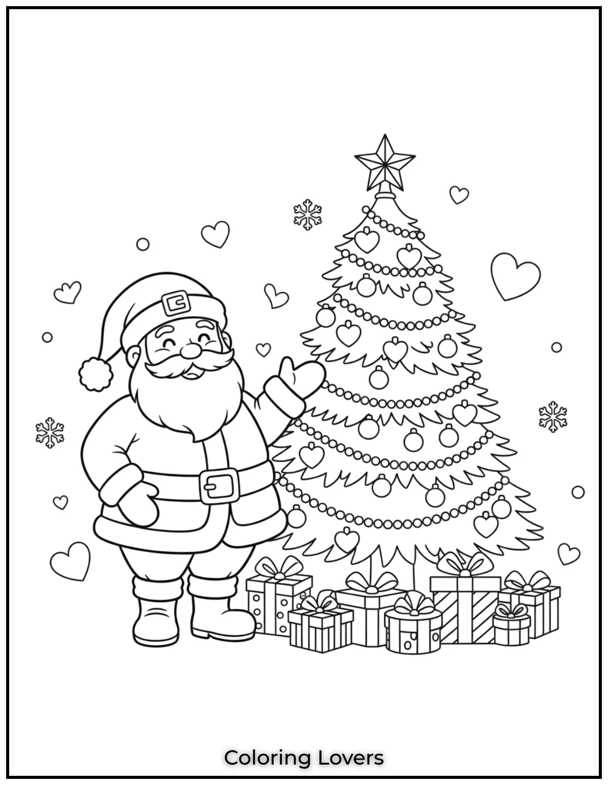 Santa proudly shows off a beautifully decorated Christmas tree with hearts and presents beneath. A joyful scene for kids to color.
