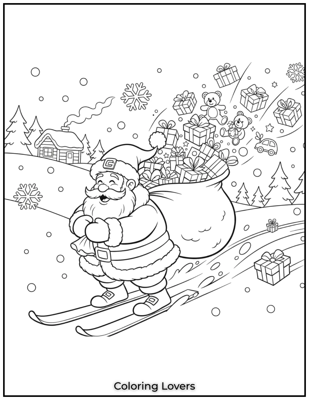 Santa races on skis with a sack of flying presents, adding excitement to his magical Christmas adventure.