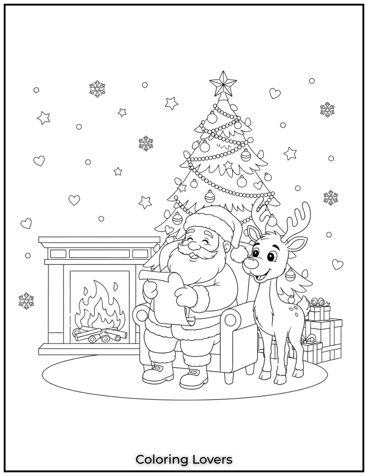 Santa reviews his list with his trusty reindeer by his side. A thoughtful moment perfect for Santa Claus coloring pages fun.