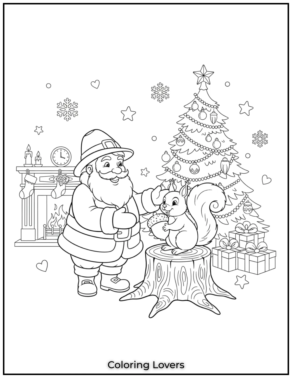 Santa shares a fun moment with a squirrel holding an acorn on a tree stump.