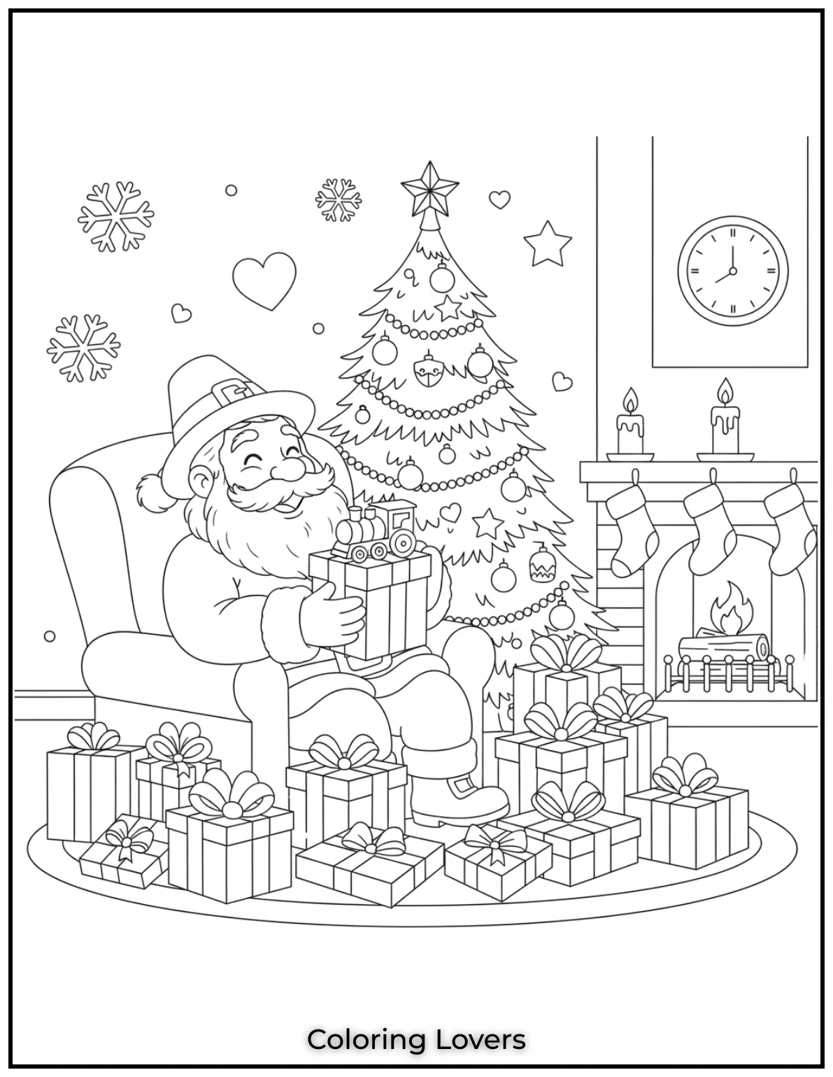 Santa sits joyfully opening gifts, surrounded by holiday cheer.