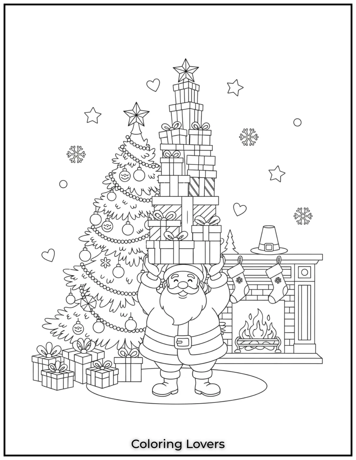Santa stacks presents to create a festive tower beneath the Christmas tree.