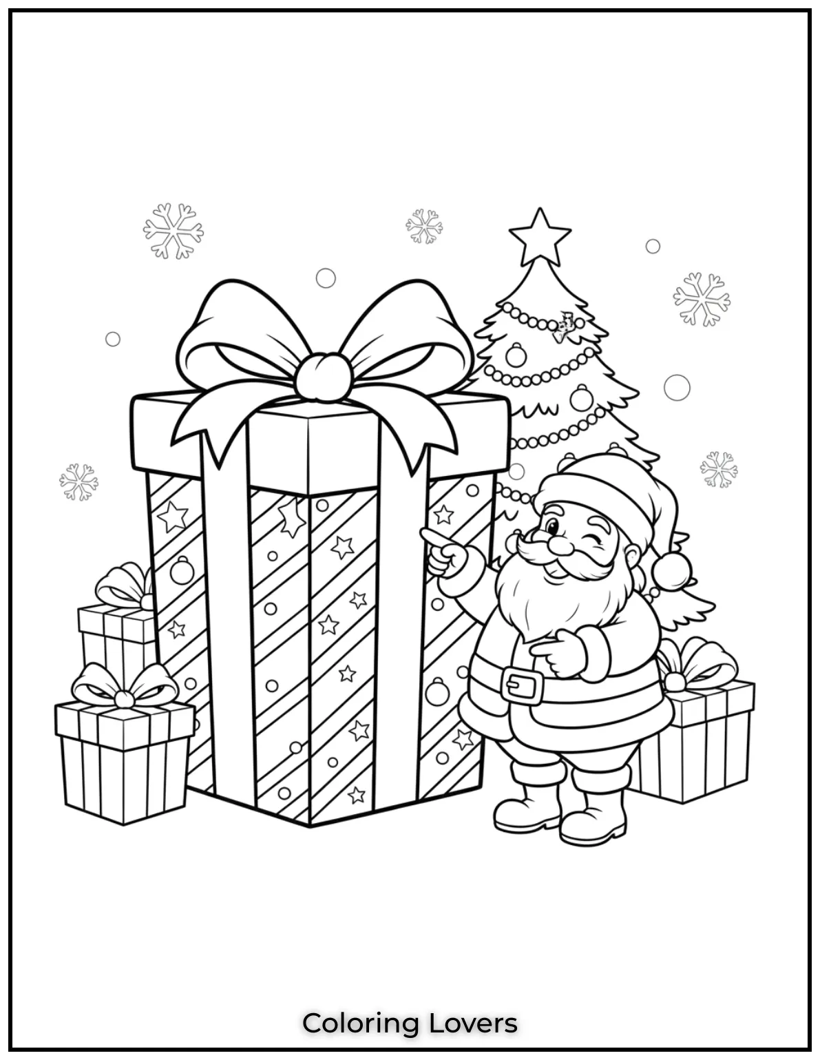 Santa stands next to a giant present, reminding kids how he delivers gifts to spread joy during Christmas. Perfect for preschool imaginations.