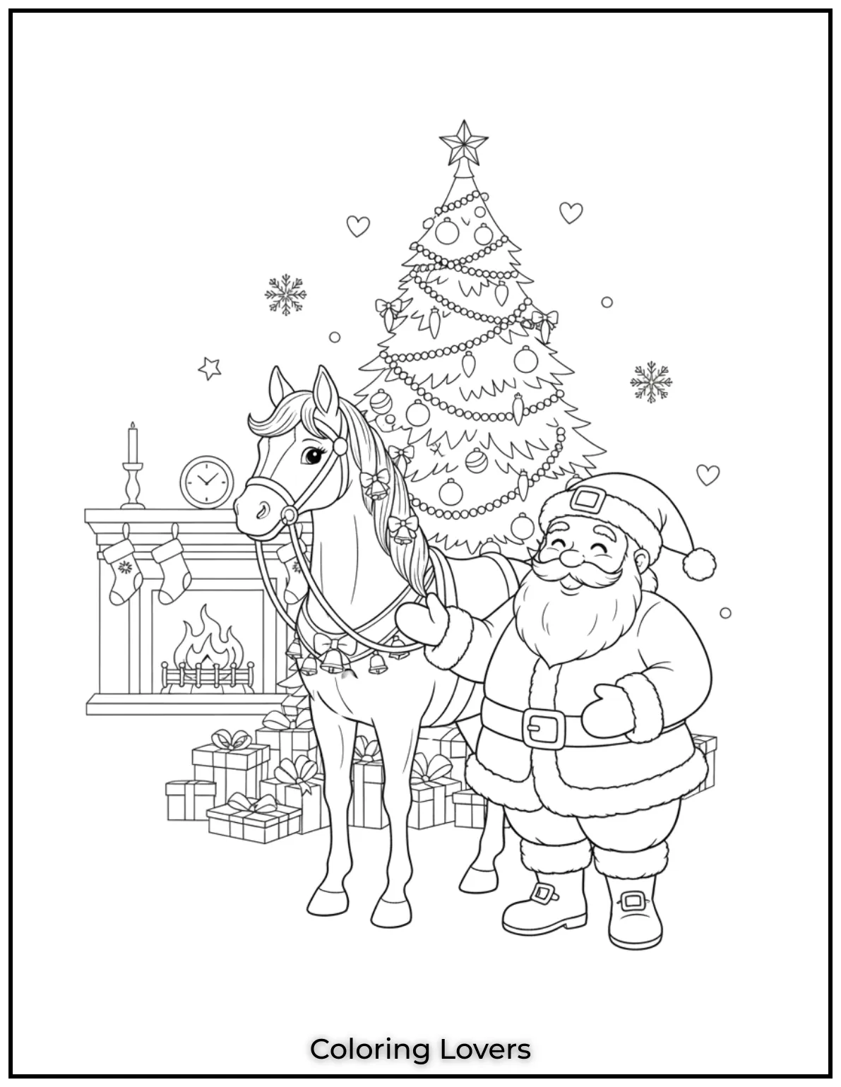 Santa stands with his beautifully adorned horse, ready for a festive journey.