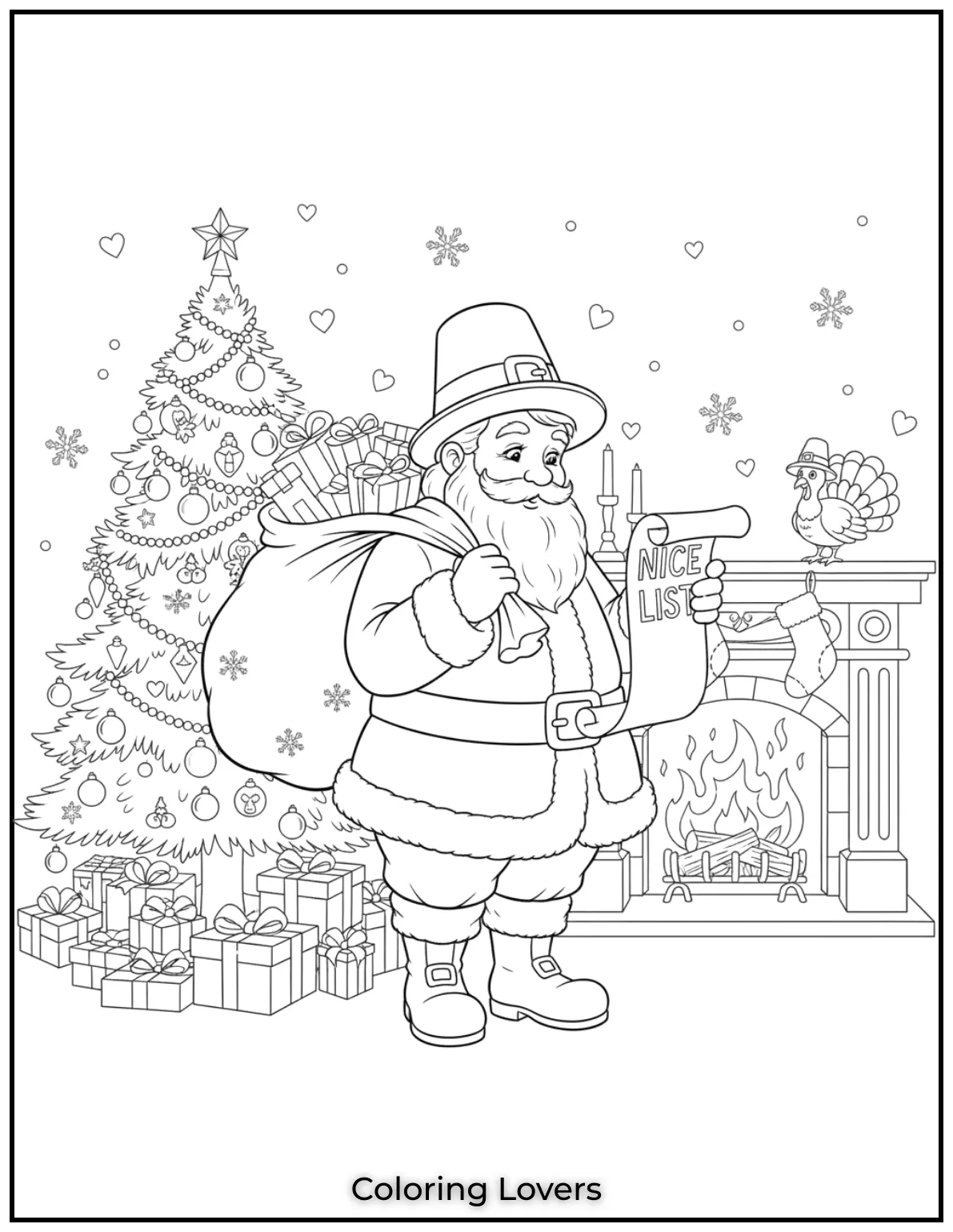 Santa takes a thoughtful moment with his gift sack, deciding on his next delivery. A heartwarming addition to any Santa coloring pages!