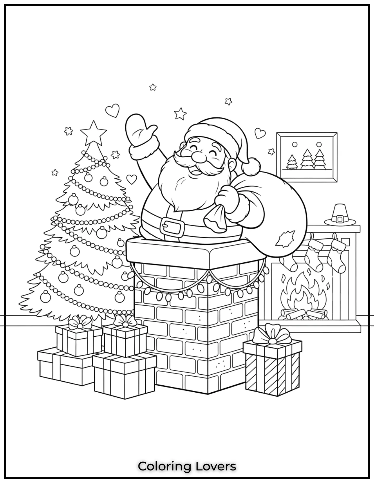 Santa waves from the chimney with his gift sack in hand. This festive scene is a must-have for Santa coloring pages fans!