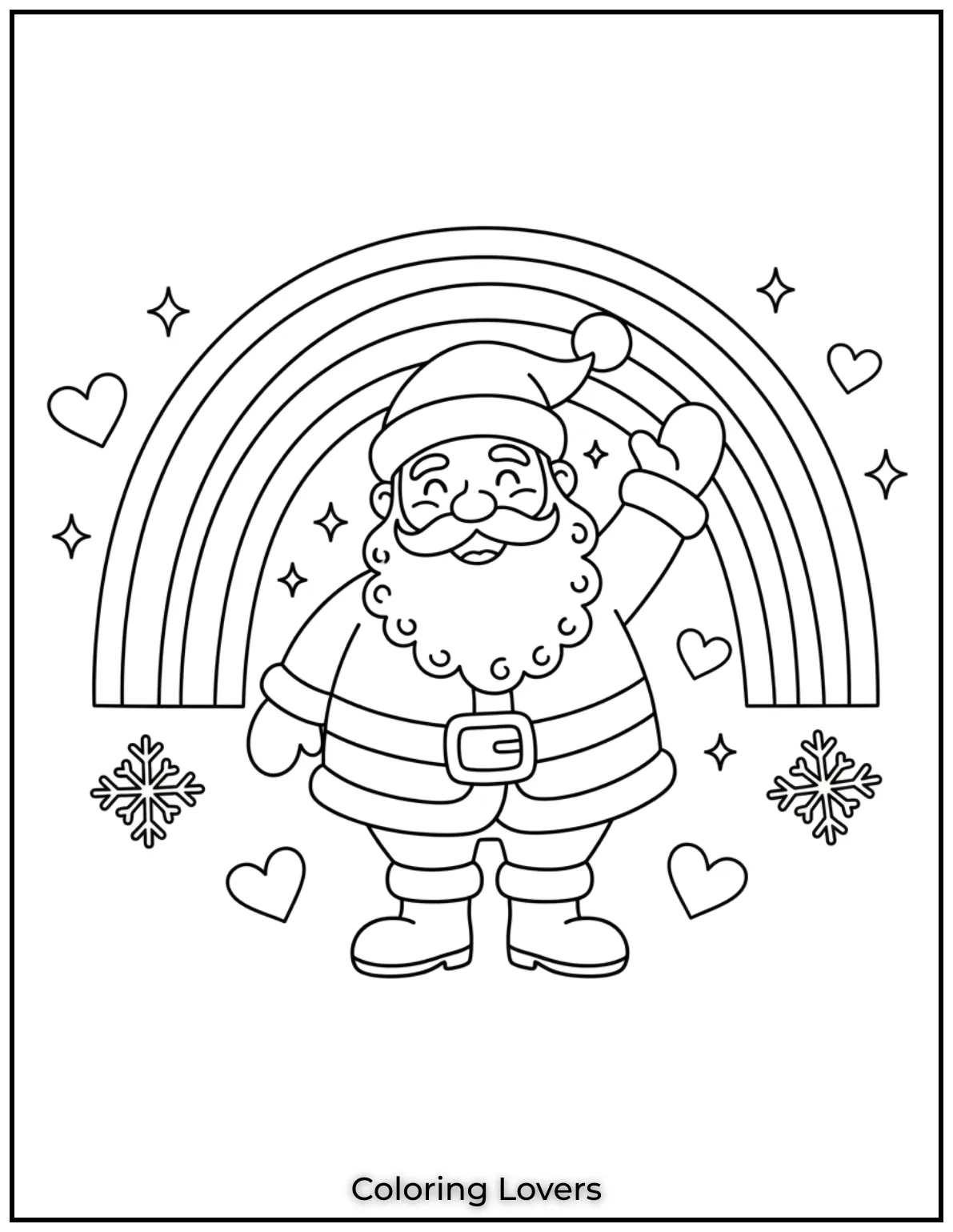 Santa waves in front of a rainbow, sharing warmth and happiness with kids. A lovely way to introduce preschoolers to holiday cheer.