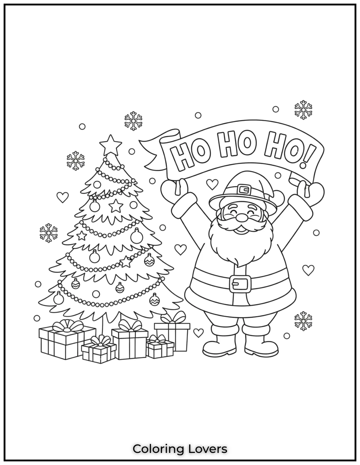 Santa with his famous “Ho Ho Ho!” banner is sure to spread smiles. Have fun adding color to this joyful Christmas illustration.
