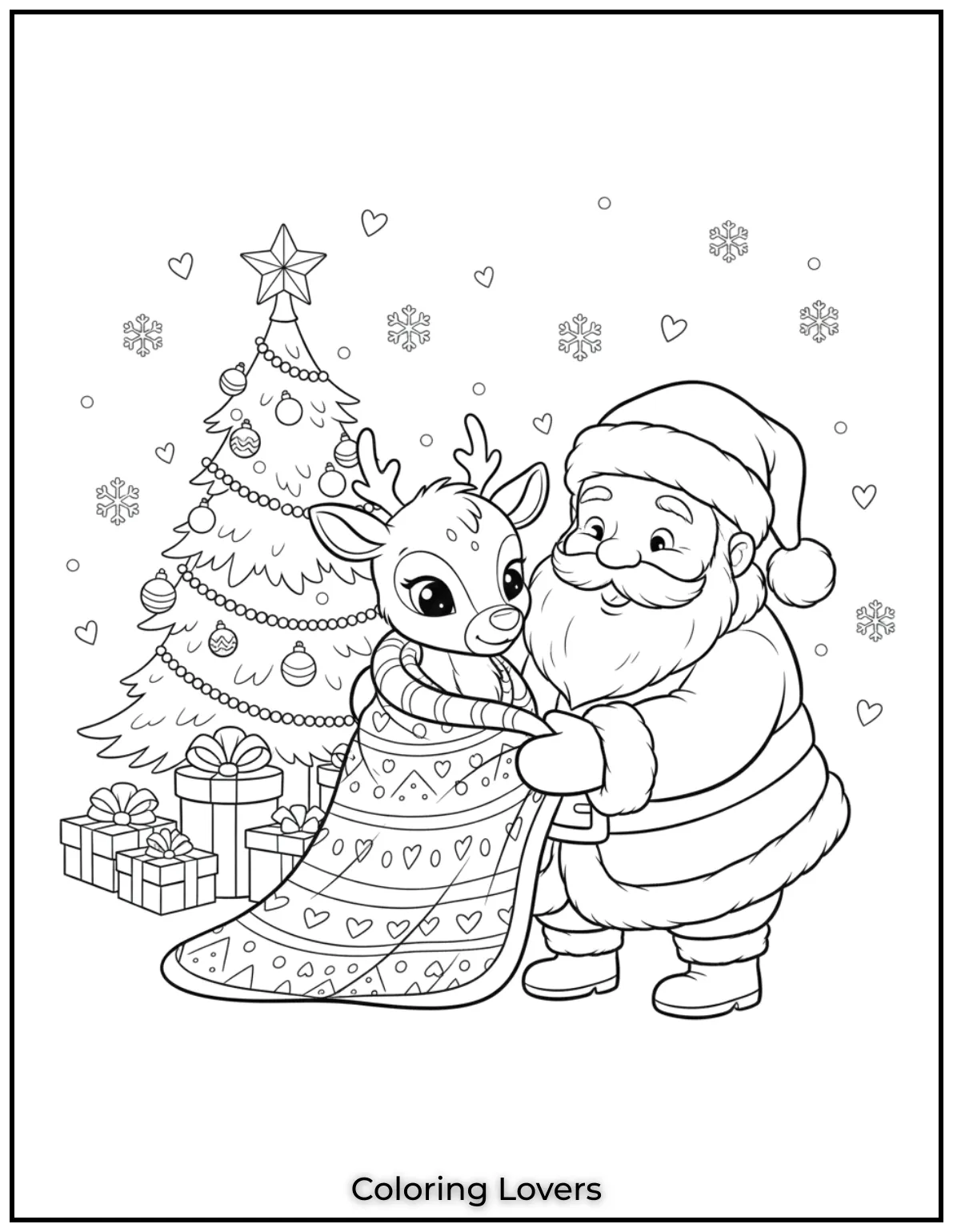 Santa wraps his reindeer in a cozy blanket, spreading love and care. A heartwarming moment to bring to life with colors.