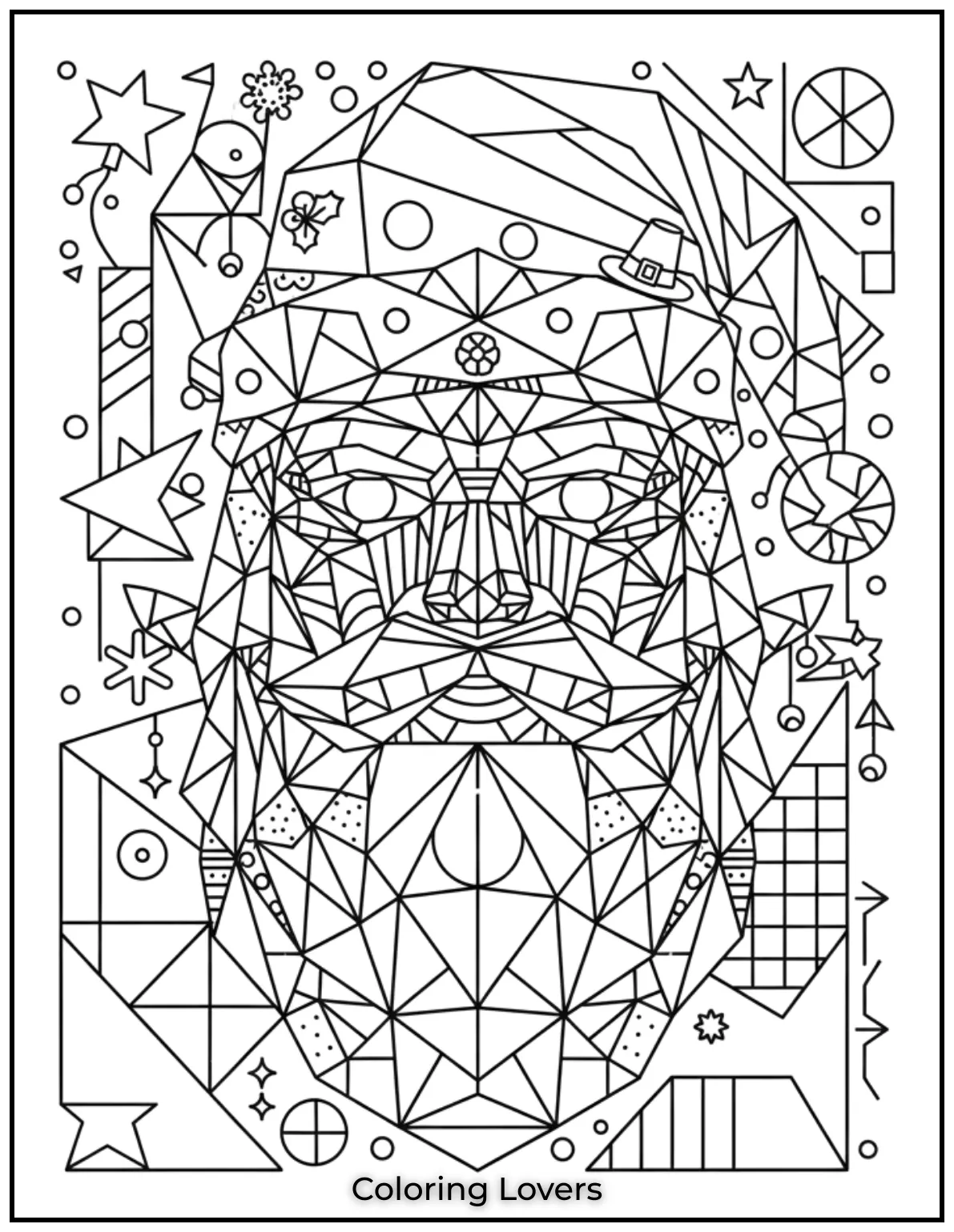 Santa’s face in bold geometric patterns offers a unique and creative twist for adults who love modern holiday coloring pages.