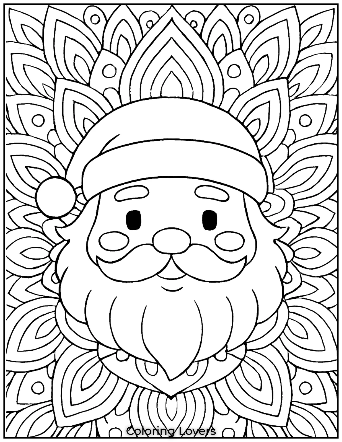 Santa’s face is surrounded by a mesmerizing mandala design, perfect for adults seeking a meditative coloring experience this holiday season.