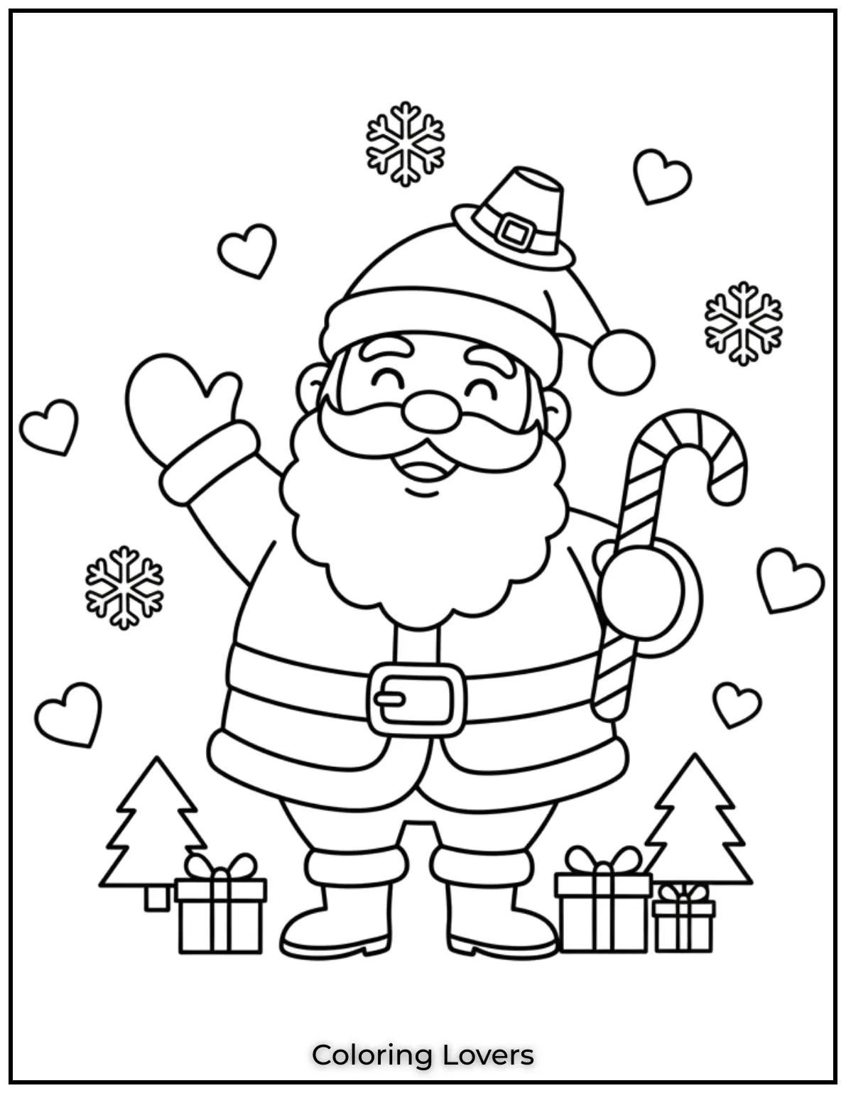 Santa’s holding a candy cane, sharing his sweet holiday spirit. This Santa Claus coloring page adds Christmas magic for kids to enjoy.