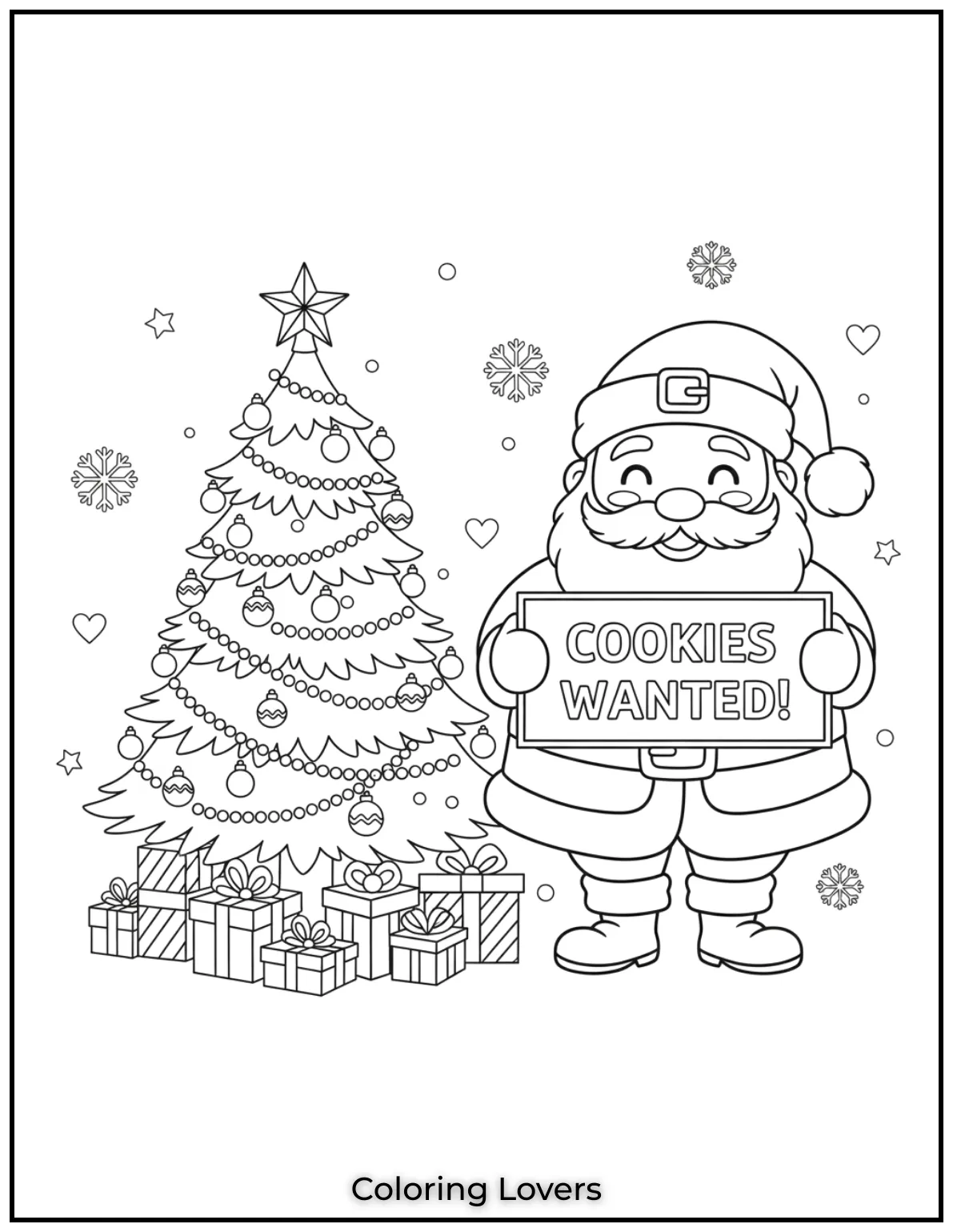 Santa’s holding a playful “Cookies Wanted!” sign. Looks like he’s ready for a treat. Perfect for little artists to enjoy.