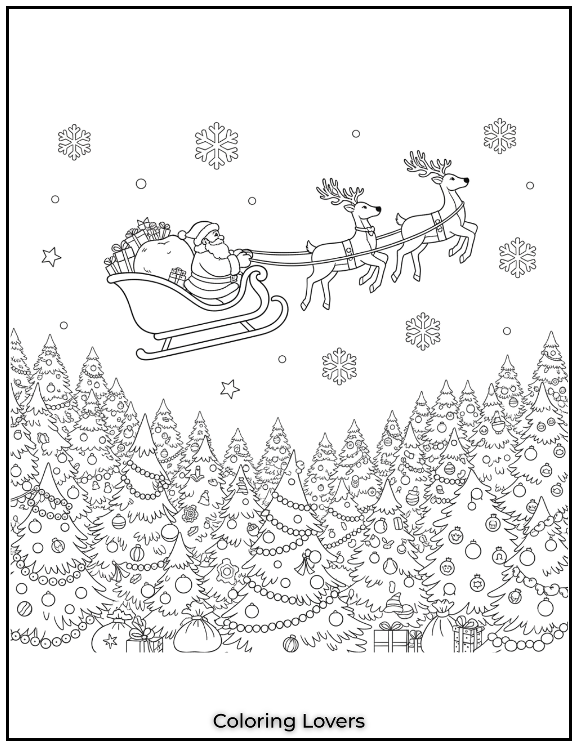 Free Printable Christmas Tree Coloring Pages 26 Santa’s on his way to deliver gifts, surrounded by beautiful Christmas trees!