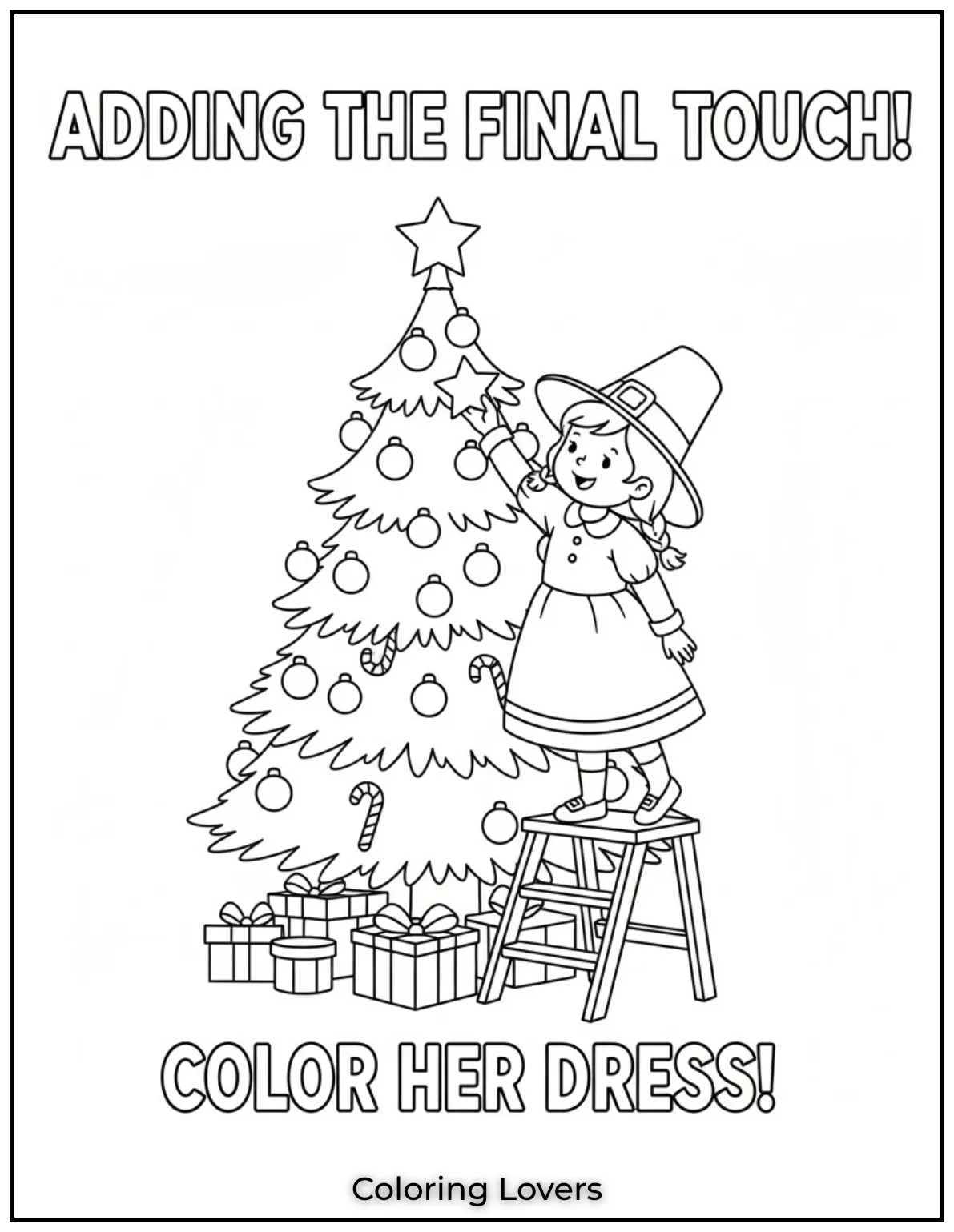 Free Printable Christmas Tree Coloring Pages 6 Shes adding the final touch to the Christmas tree with a star 2