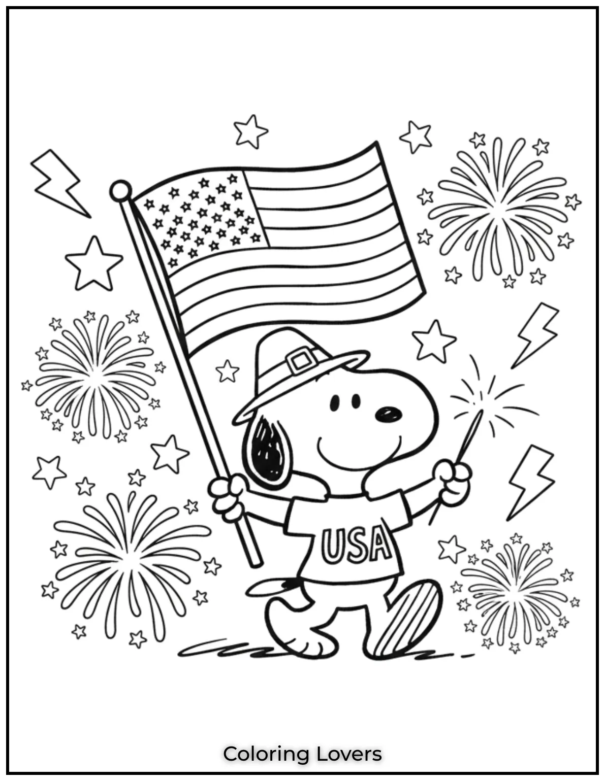 Snoopy holds a flag and sparkler marching with joy in his USA shirt. Enjoy free Fourth of July coloring pages today
