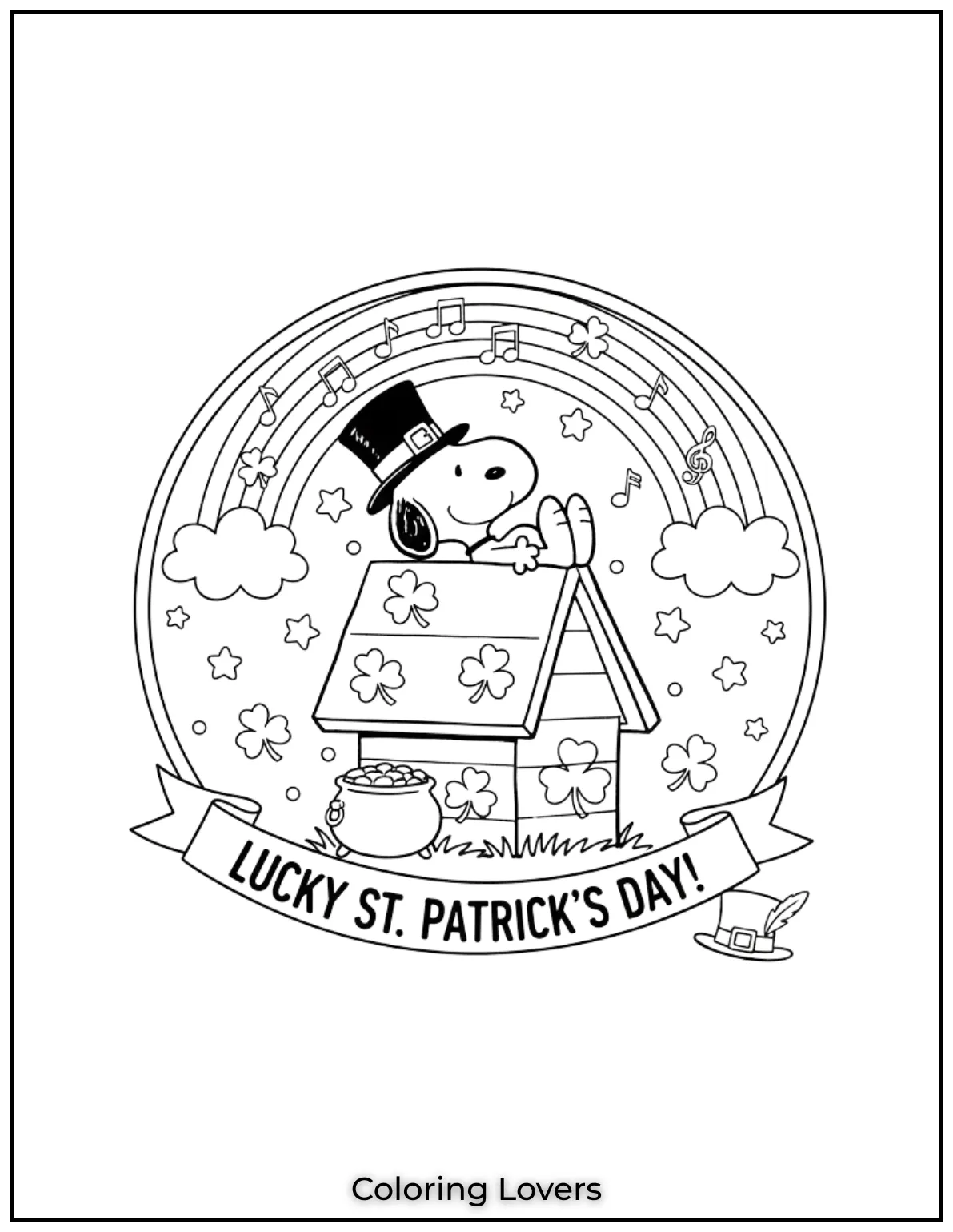 Download St Patrick's Day Coloring Pages 26 Snoopy relaxes on his doghouse under a rainbow of luck