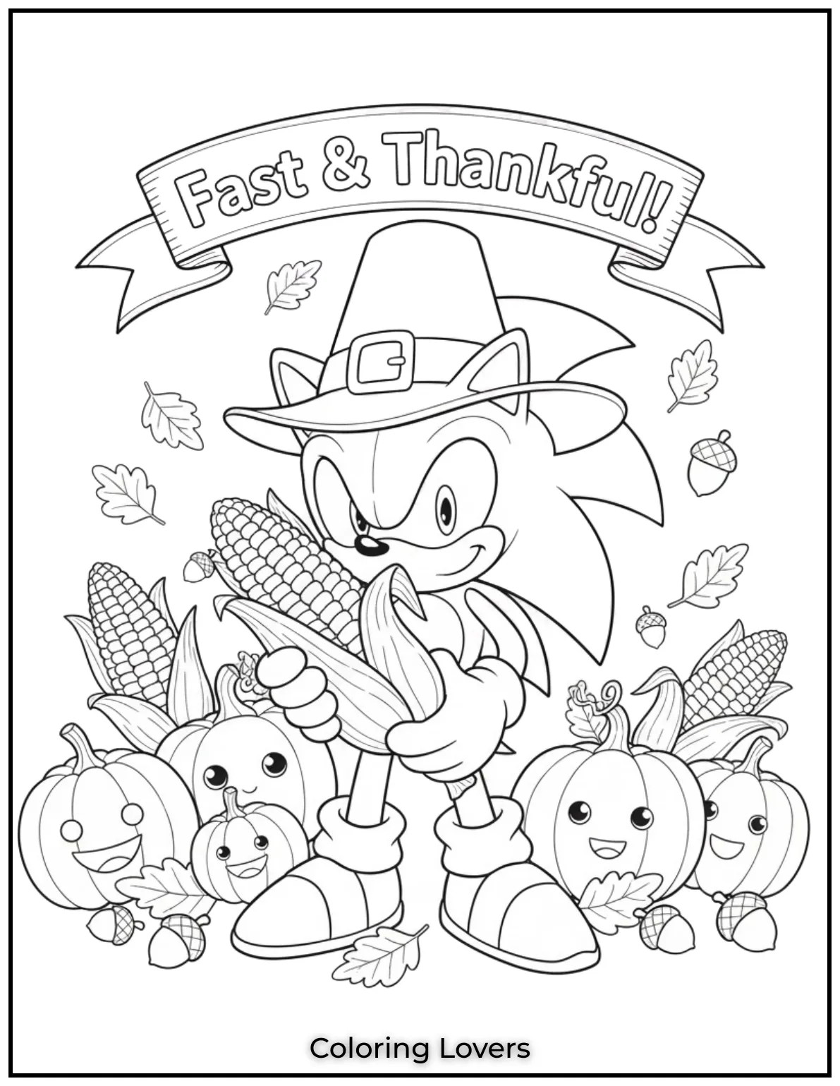 Sonic is holding corn surrounded by pumpkins and the phrase Fast Thankful
