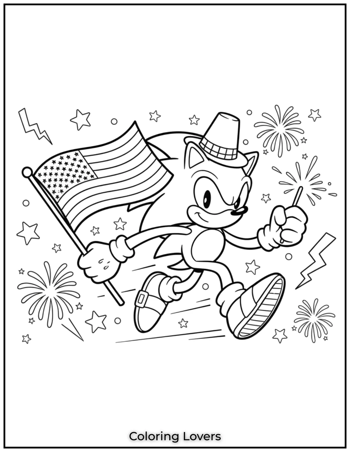 Sonic zooms ahead with a flag in one hand and a tiny sparkler in the other. This bold fourth of july run feels electric