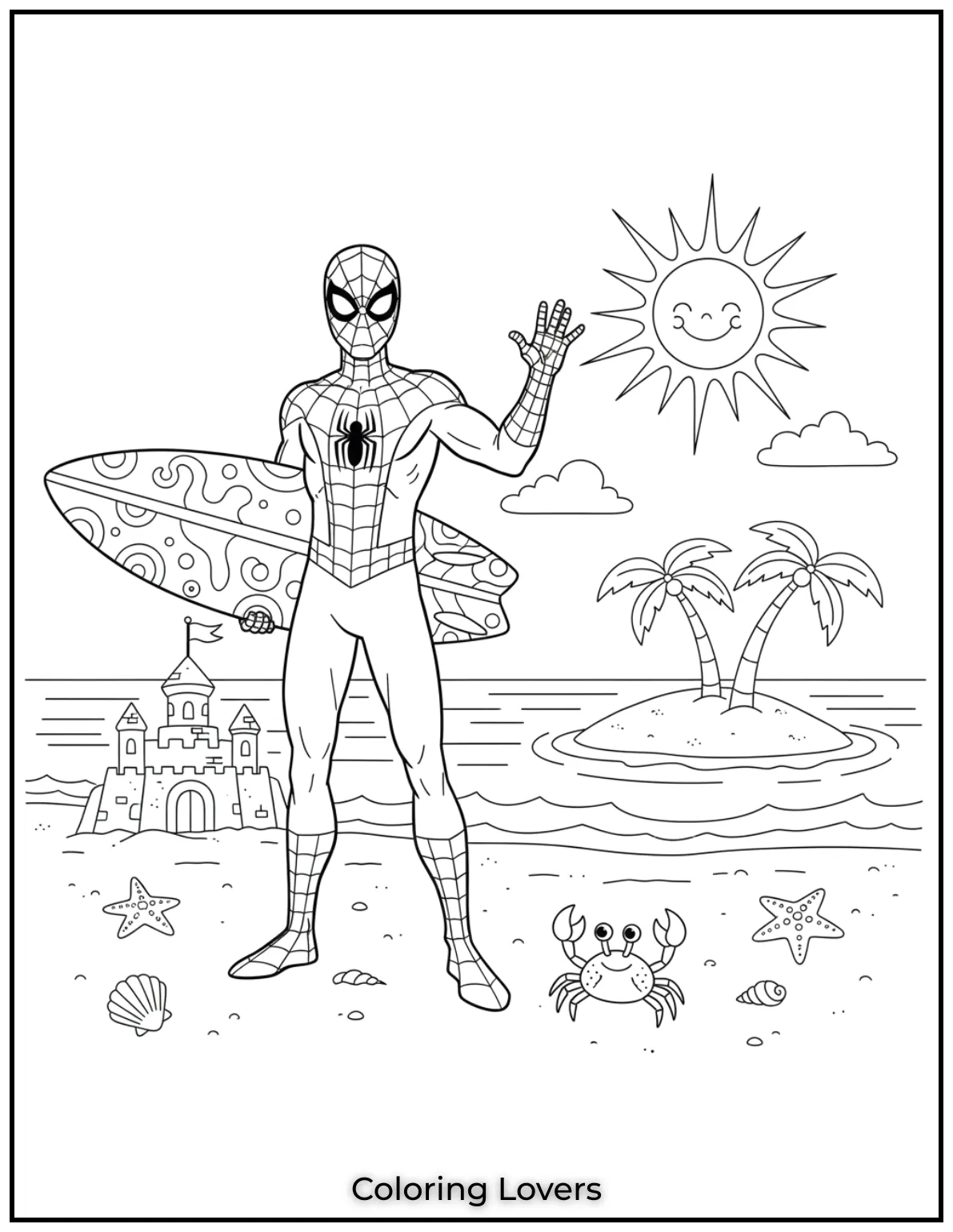 Spider-Man holds a surfboard while a crab scurries nearby. 