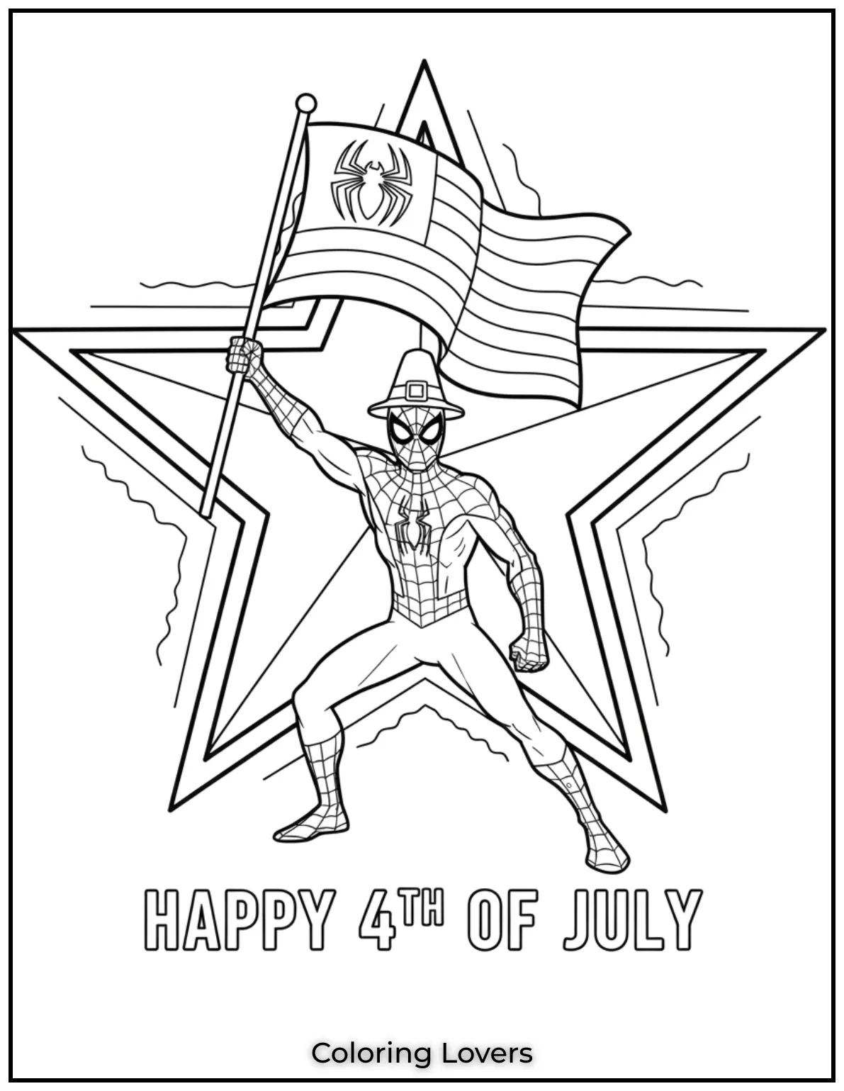 Spider Man poses under a giant star holding the flag high. A bold pick for printable 4th of July coloring pages