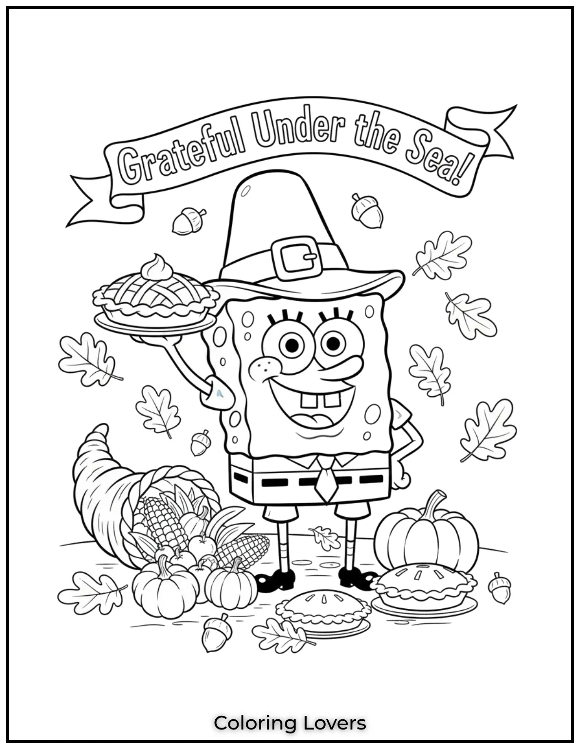 Spongebob is showing his Thanksgiving cheer with a cornucopia and pie. I added the phrase Grateful Under the Sea to make this page extra fun for kids
