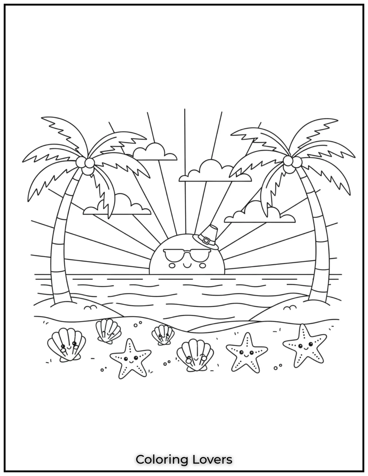 Tall palm trees sway gently by the shore as sunset colors fill the sky.