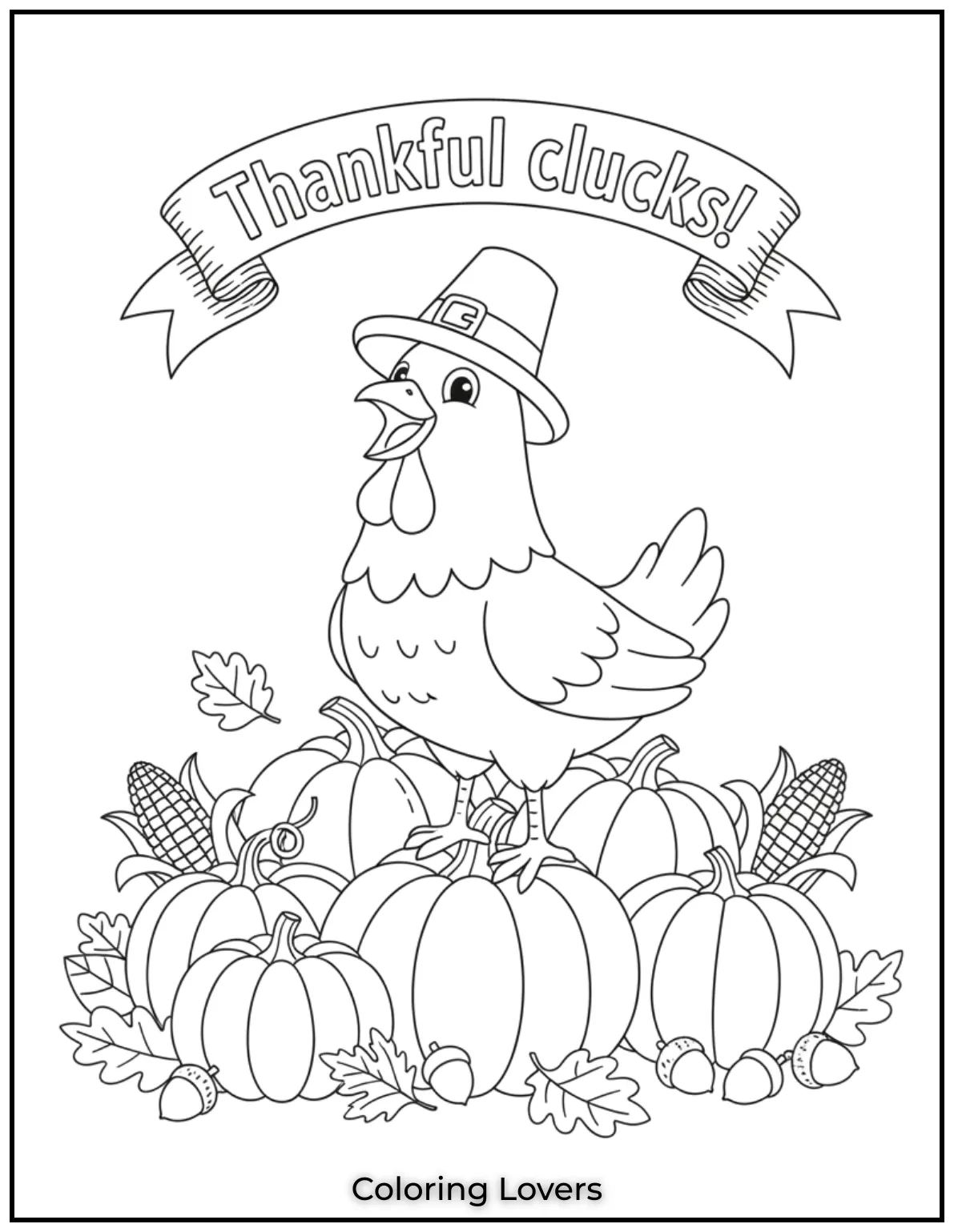 Thankful clucks How fun is this chicken in a pilgrim hat Standing proudly on a pile of pumpkins its clucking away about all the things its thankful for 1
