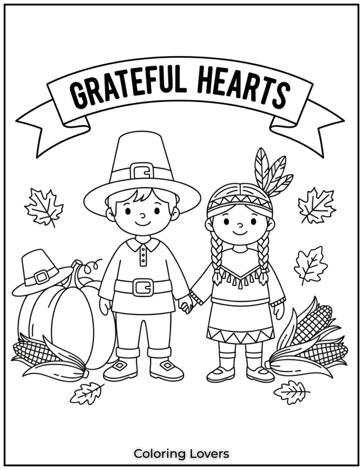 The Grateful Hearts message with Pilgrim and Native children reminds us of the importance of unity and thankfulness. A heartwarming and free printable for Thanksgiving