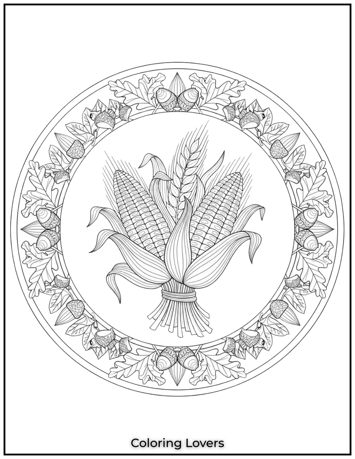 The flowing lines of the corn and wheat along with the little acorns give this page a natural peaceful vibe