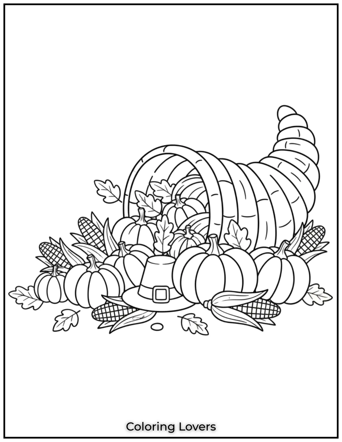 The overflowing cornucopia symbolizes abundance with pumpkins and corn spilling out