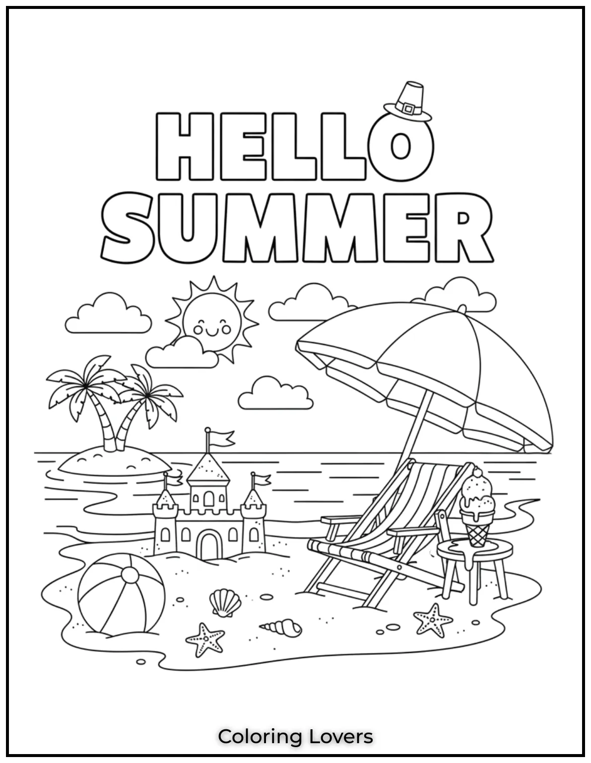 The scene says “HELLO SUMMER” with a sunny beach, umbrella, ball, and ice cream ready for fun.