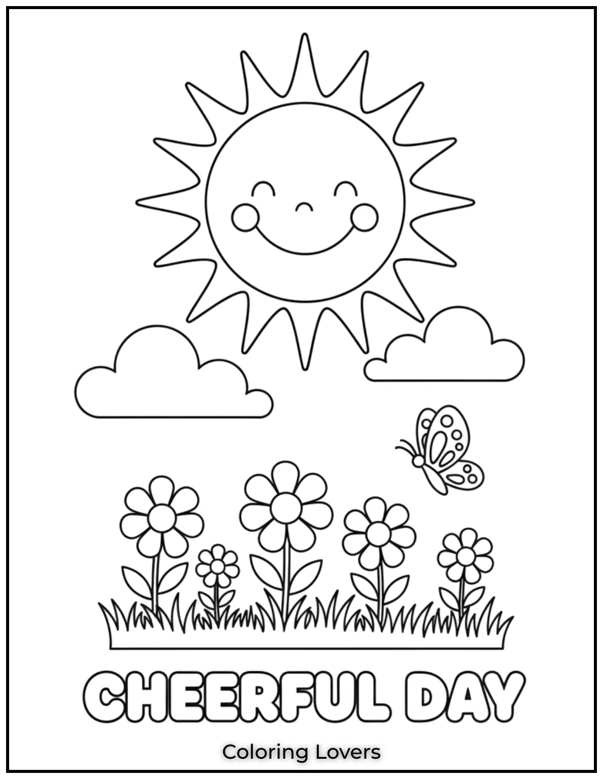 Preschool Coloring Pages – Fun & Easy Printables for All 23 The smiling sun shines over blooming flowers and a fluttering butterfly.
