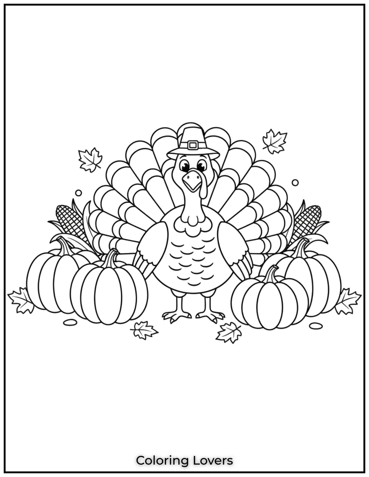 The turkey stands proudly in this page with pumpkins and corn nearby making it a wonderful centerpiece for Thanksgiving coloring fun