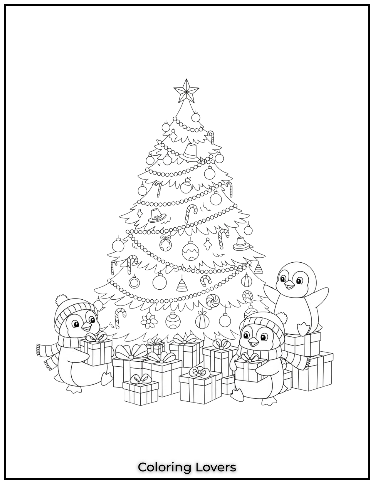 Free Printable Christmas Tree Coloring Pages 20 These adorable penguins, all bundled up, look so happy with their gifts under the tree.