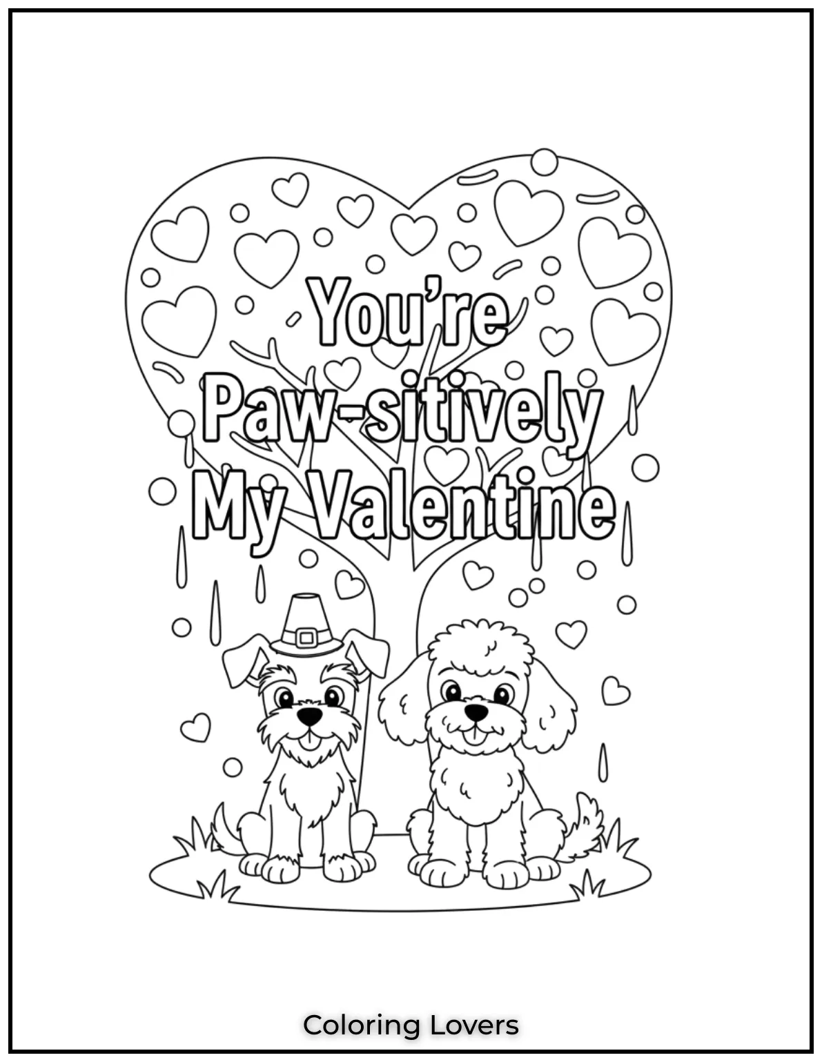 Cute Valentine’s Day Coloring Pages to Color and Enjoy 15 These playful dogs sitting under a heart filled tree say Youre Paw sitively My Valentine and make a cheerful Valentines page