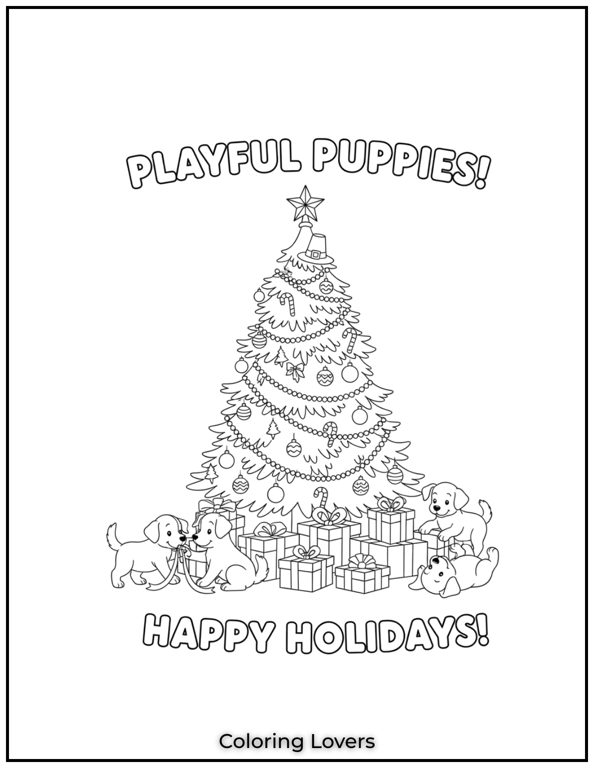 Free Printable Christmas Tree Coloring Pages 11 These playful puppies are having so much fun around the Christmas tree!