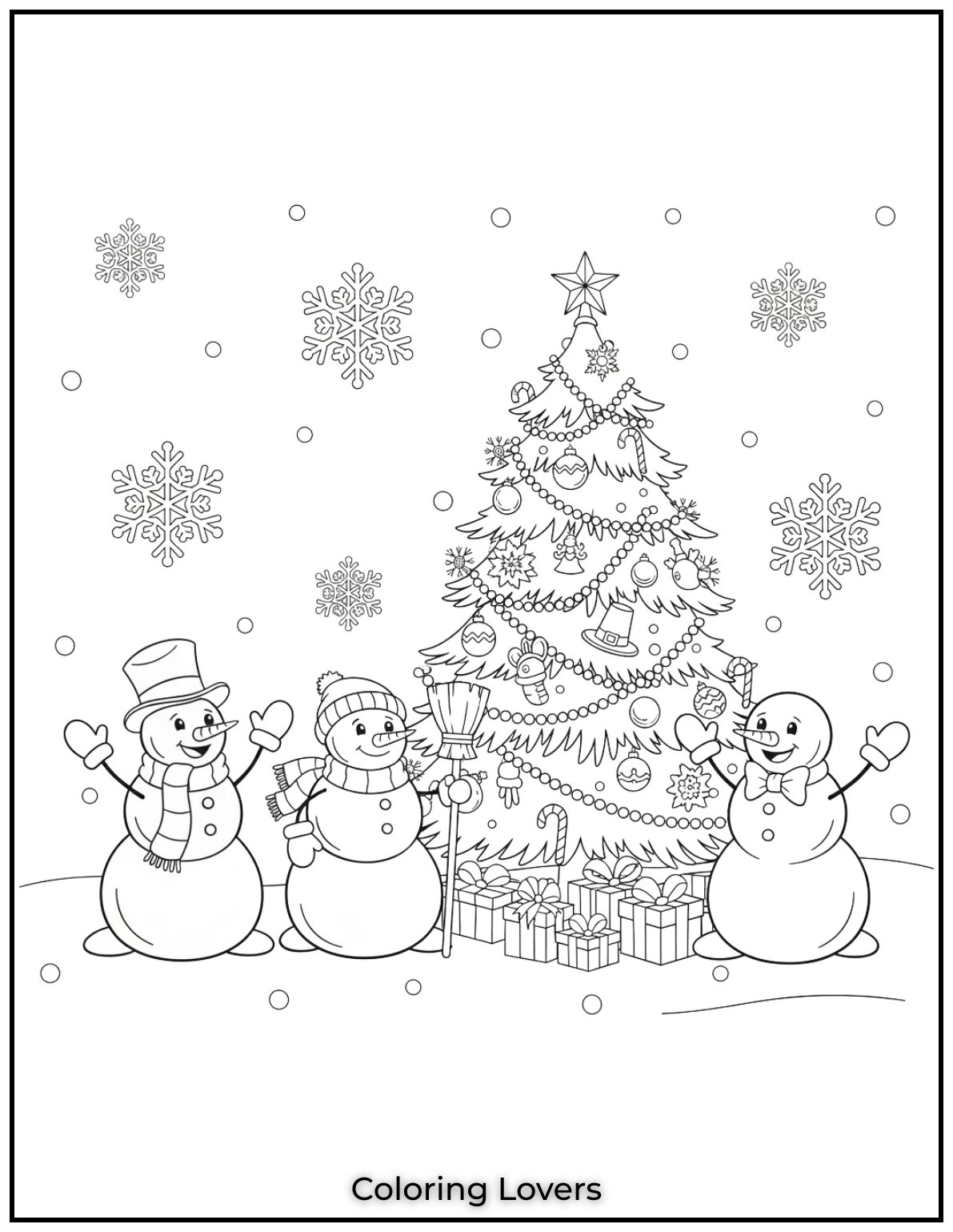 Free Printable Christmas Tree Coloring Pages 29 These three snowmen are having a great time in the snow next to a beautifully lit Christmas tree.