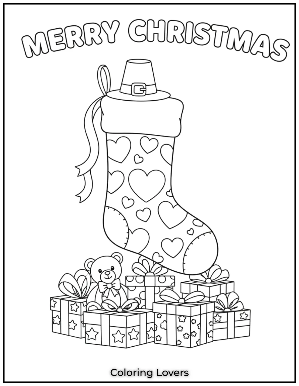 This adorable Christmas stocking is covered in heart shaped patterns perfect for kids to add their favorite colors. Its simple yet festive