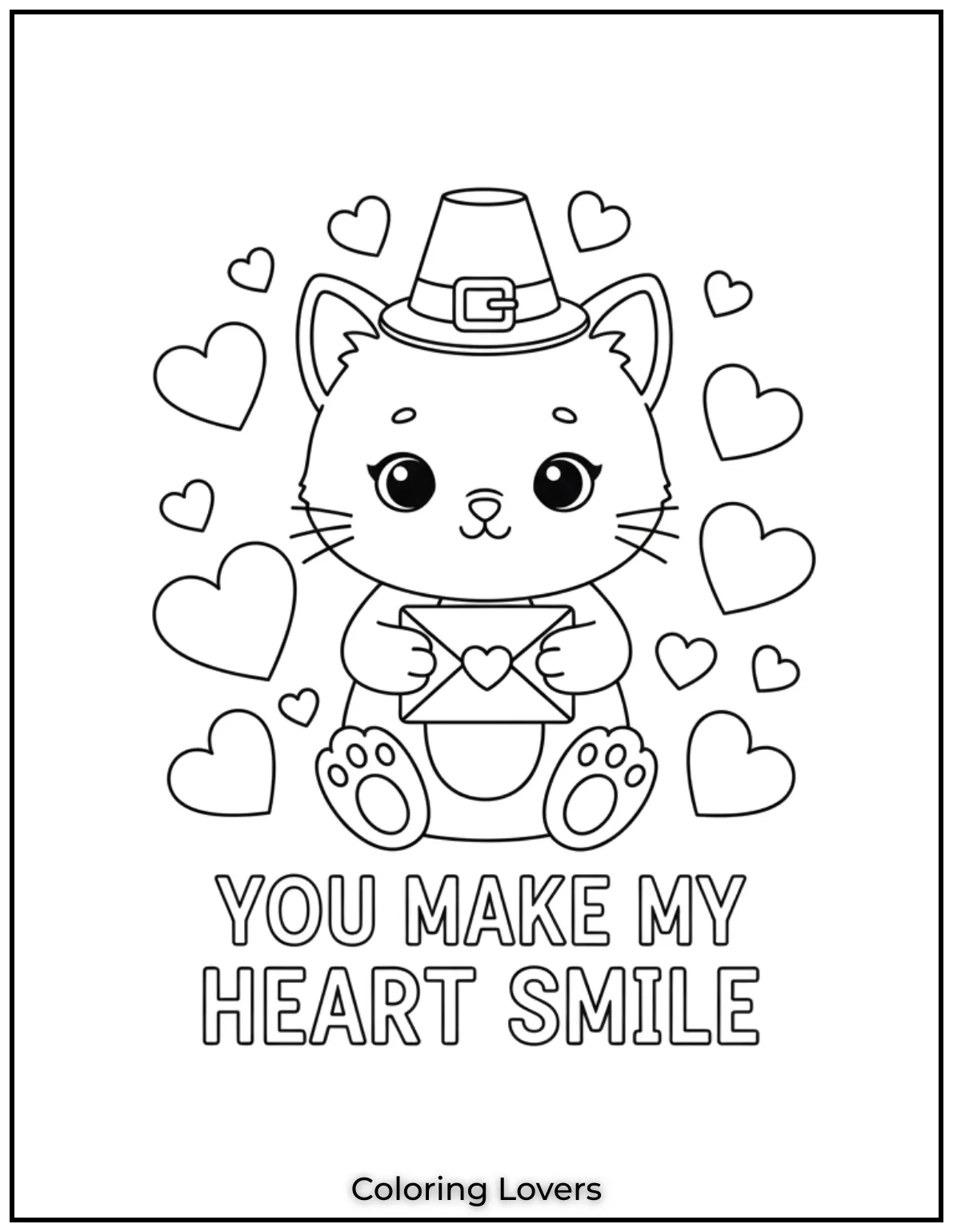 Cute Valentine’s Day Coloring Pages to Color and Enjoy 3 This adorable kitten holding a love letter and surrounded by hearts says it all You Make My Heart Smile