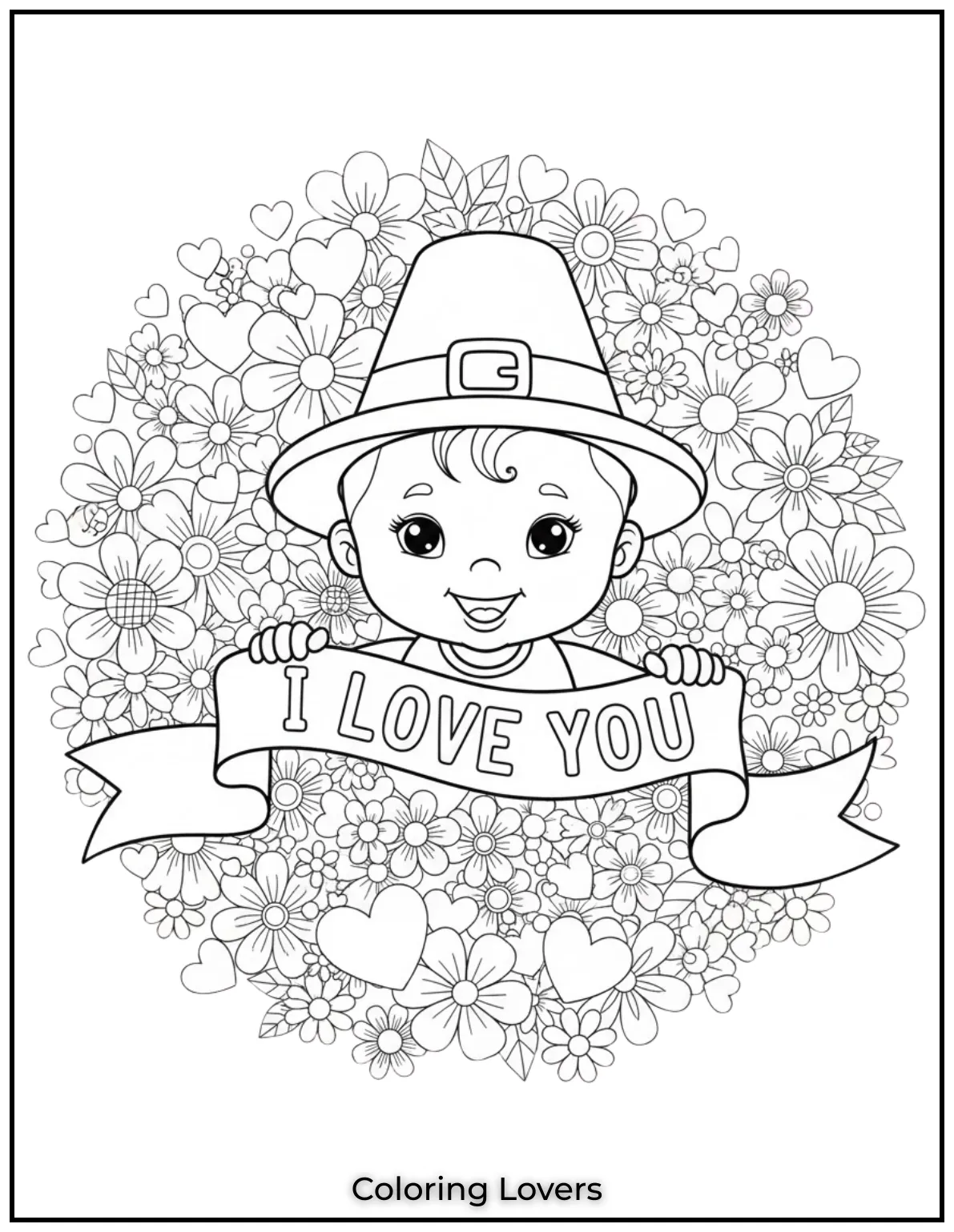 Cute Valentine’s Day Coloring Pages to Color and Enjoy 28 This baby girl holding an I Love You ribbon is surrounded by hearts and flowers. A delightful and heartwarming design for Valentines fun