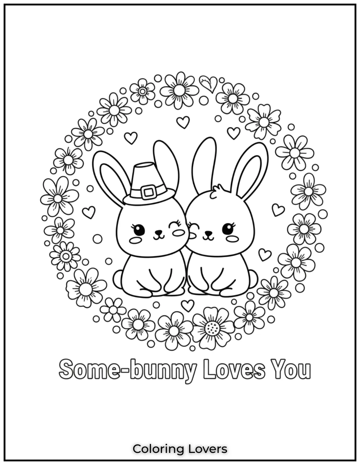 Cute Valentine’s Day Coloring Pages to Color and Enjoy 22 This bunny duo surrounded by flowers and hearts says Some bunny Loves You and makes Valentines Day extra special